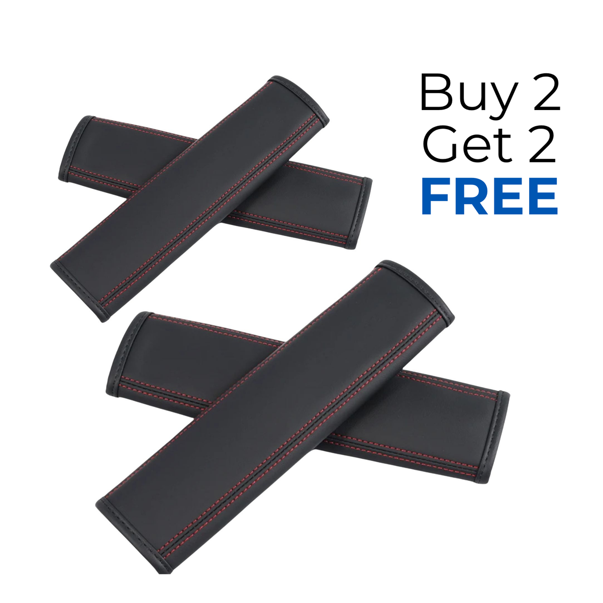 Four black car seat belt covers with red contrast stitching, arranged in a crossed pattern on a white background with a 'Buy 2 Get 2 FREE' promotional text overlay.