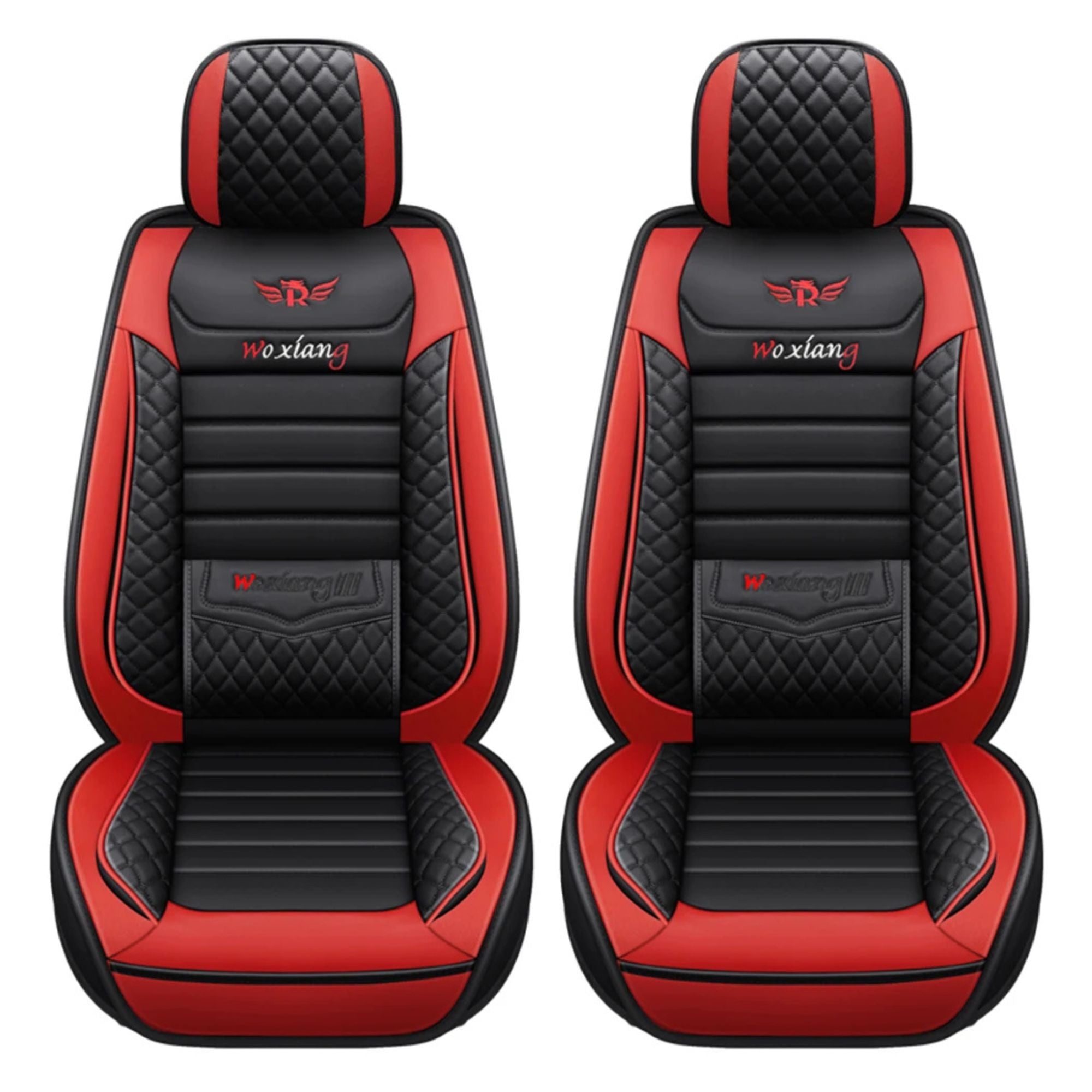 Red and black Premium Diamond Quilted Leather Car Seat Covers front pair on a clean white background
