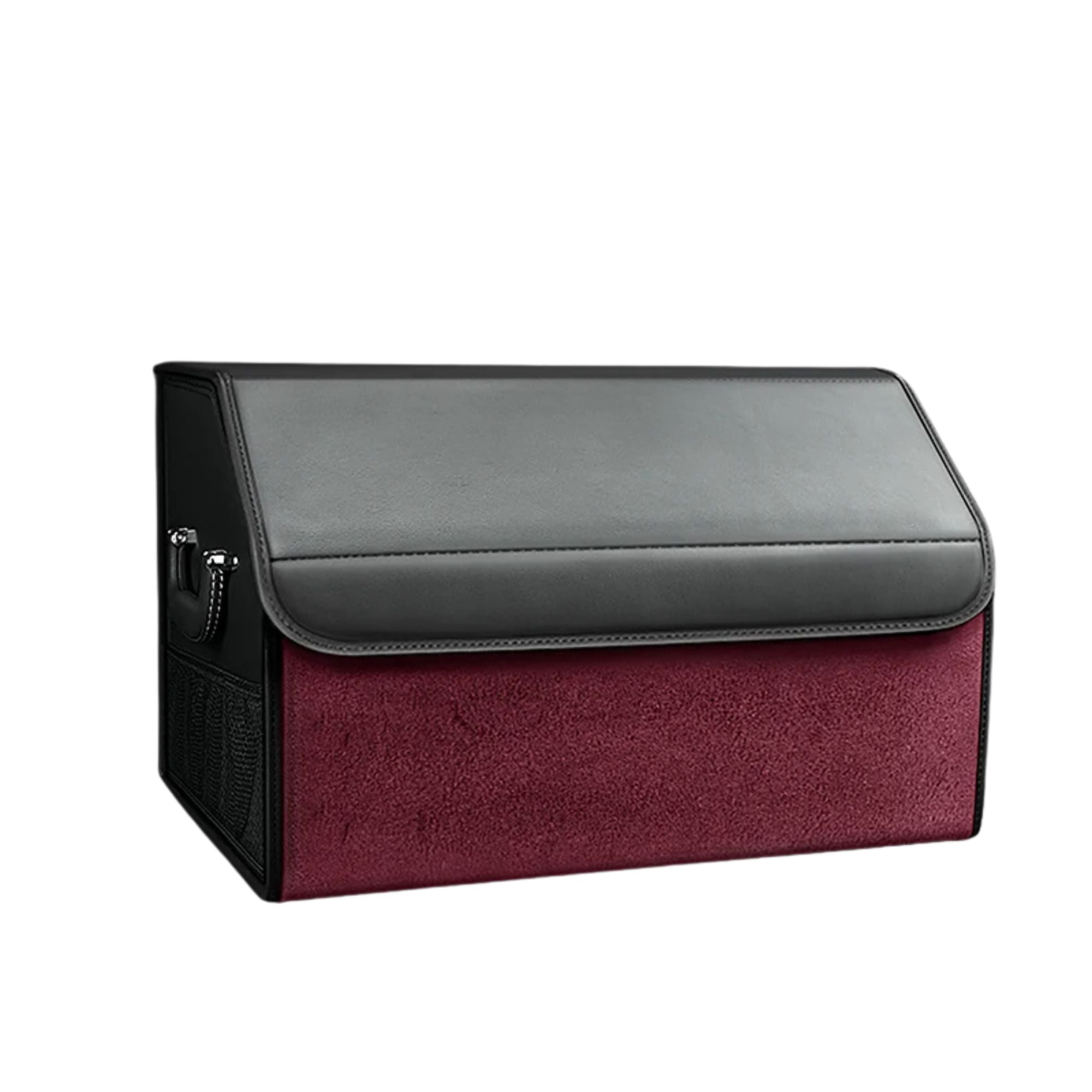 Burgundy Red Suede Leather Boot Organiser in medium size with black PU leather lid, shown on a white background