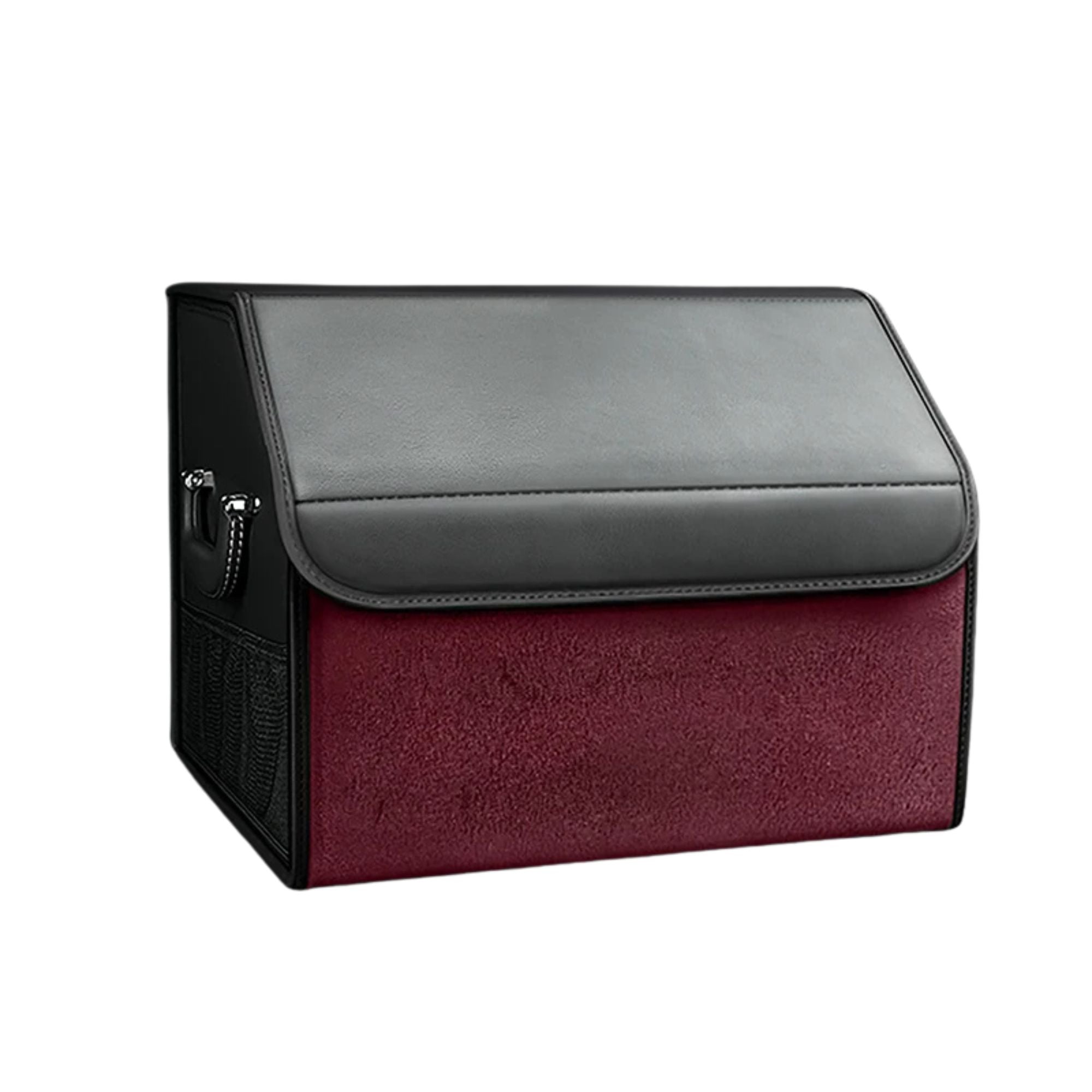 Burgundy Red Suede Leather Boot Organiser in small size with black PU leather lid, shown on a white background