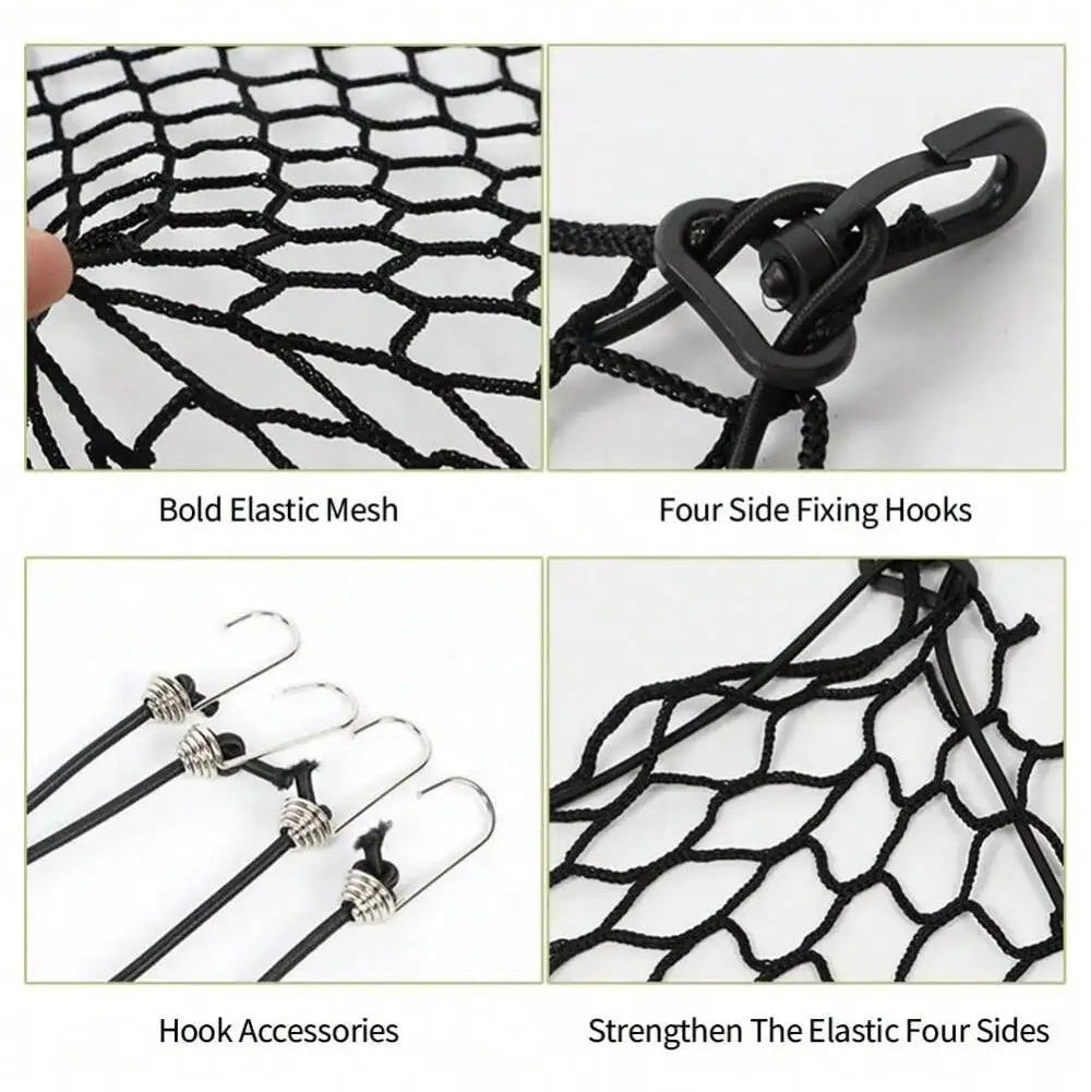 Close-up details of the vehicle boot pet barrier, highlighting the reinforced elastic mesh weave and heavy-duty polymer mounting hooks.