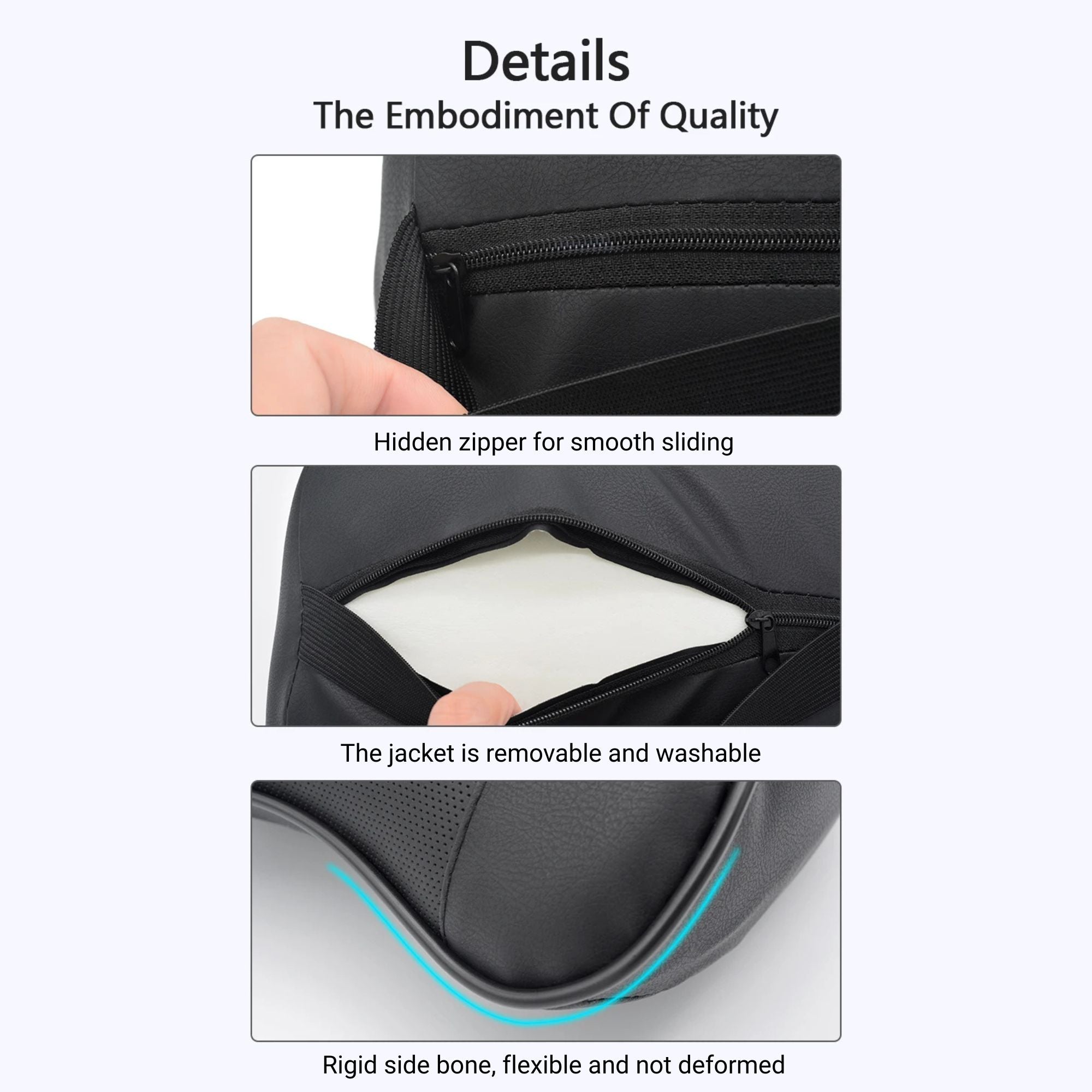 Detailed view of the car pillow's hidden zipper system and the removable inner core for machine washing.