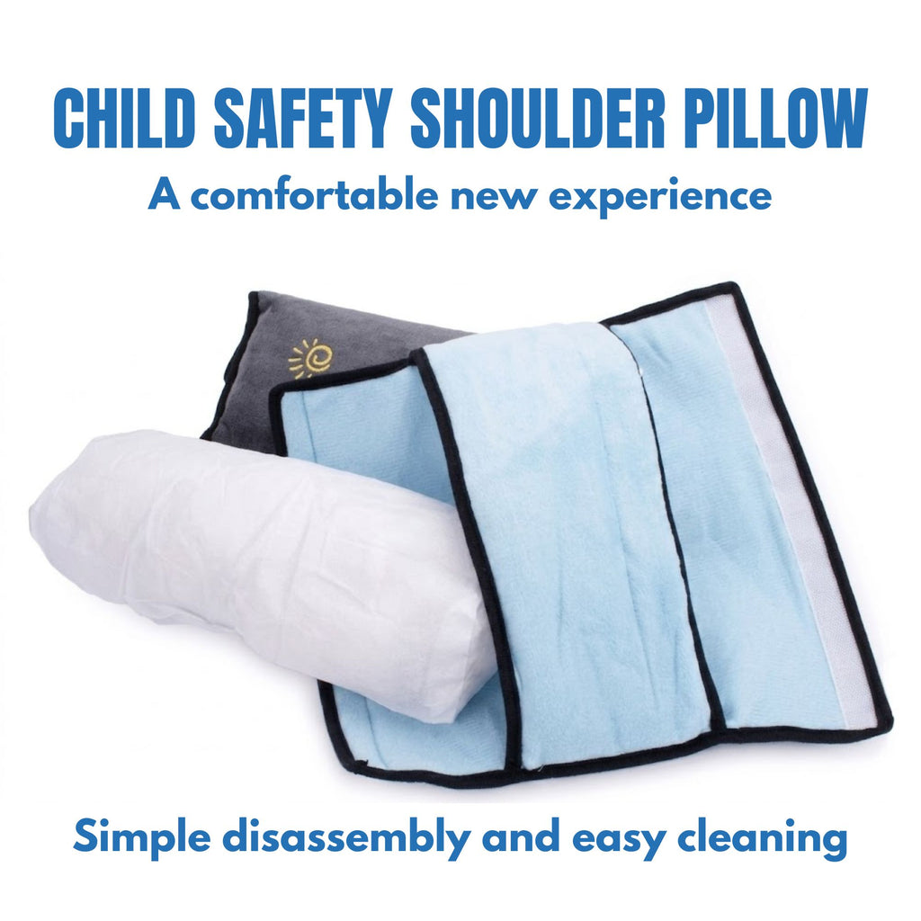 Sky blue seat belt shoulder pad disassembled to show the removable outer sleeve and inner cushion for washing.