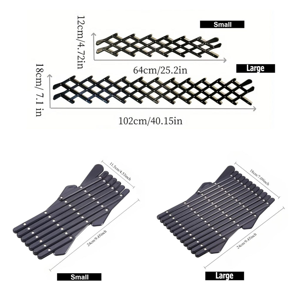 A technical diagram detailing the exact heights and expanded lengths of the small and large variants of the vehicle window pet barrier.