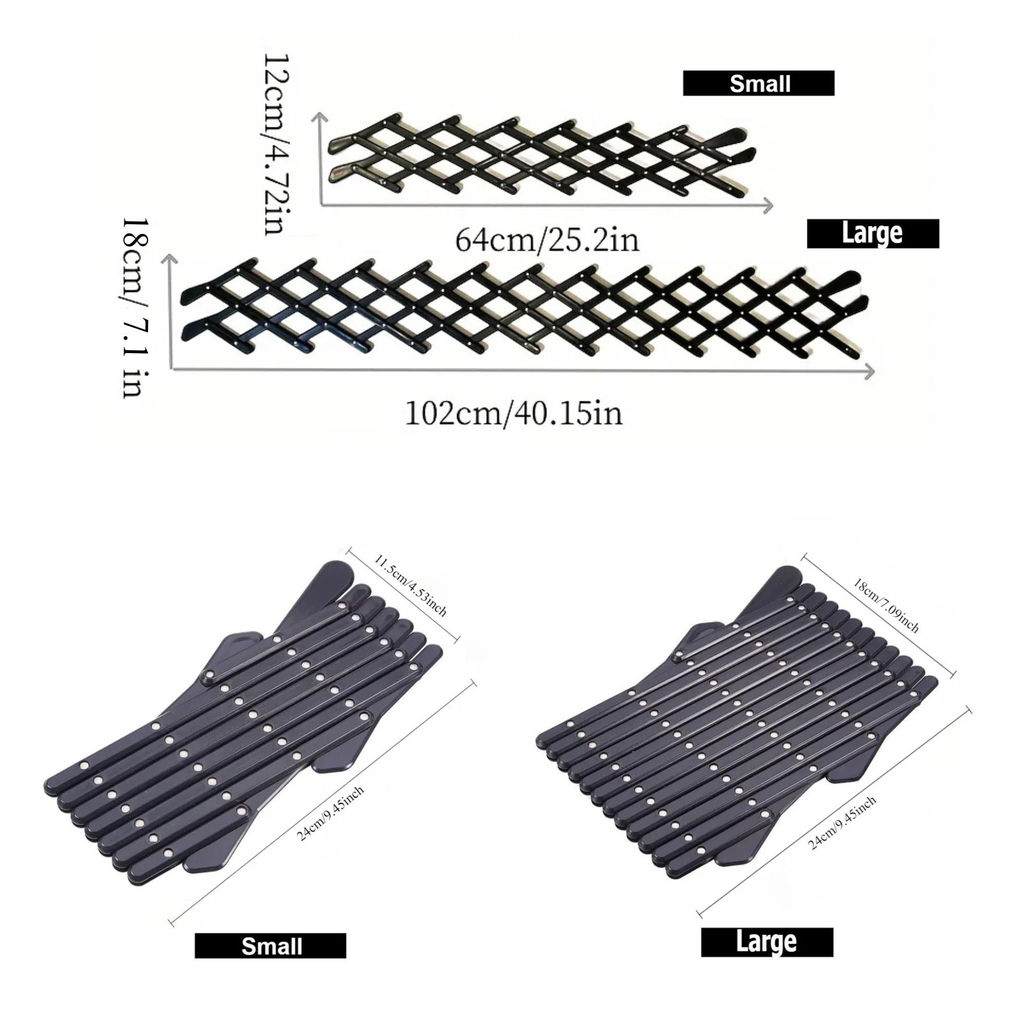 A technical diagram detailing the exact heights and expanded lengths of the small and large variants of the vehicle window pet barrier.