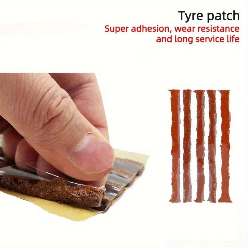 Close-up demonstration of separating the adhesive rubber seal strips used for tubeless tyre puncture repair.
