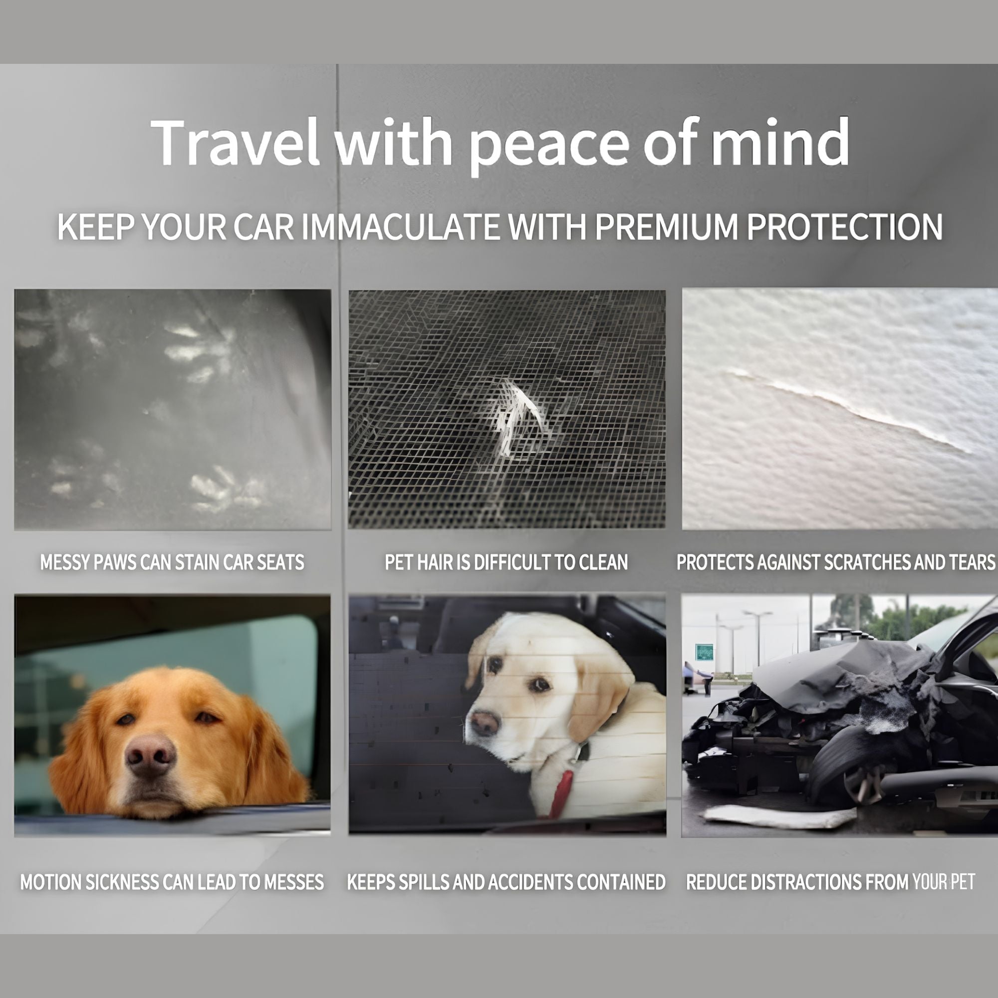 Grid illustrating common vehicle interior hazards prevented by a dog car seat cover, including muddy paw prints, scratched upholstery, and wet seats.