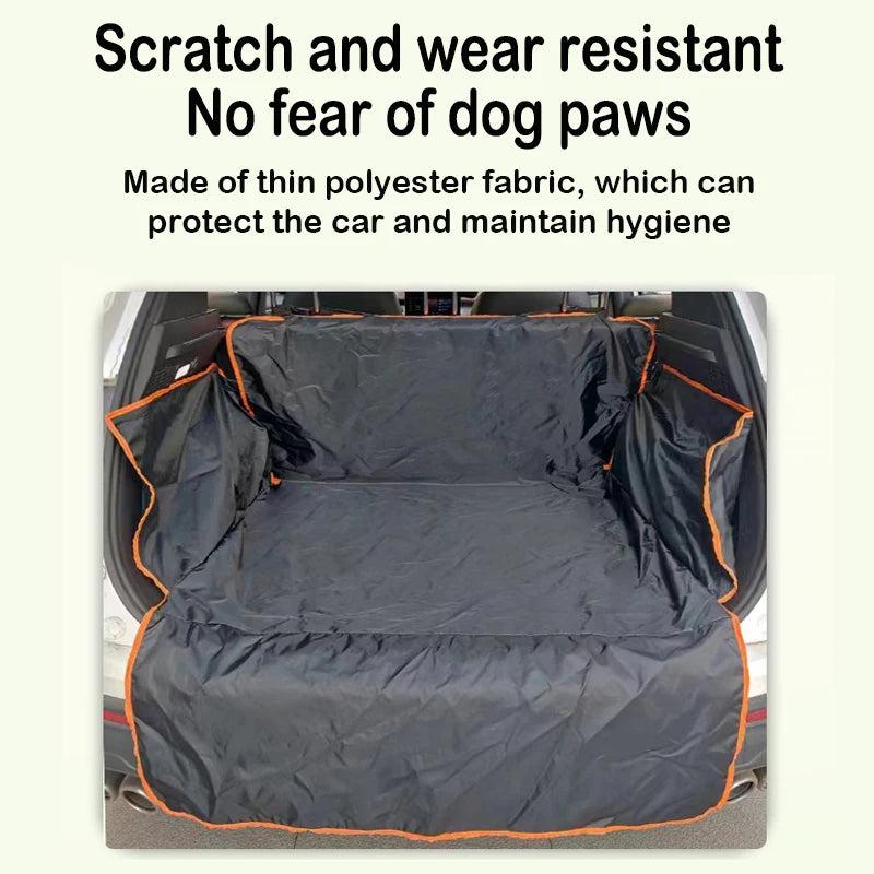 Graphic highlighting the scratch and wear-resistant properties of a high-density polyester SUV boot liner against dog paws.