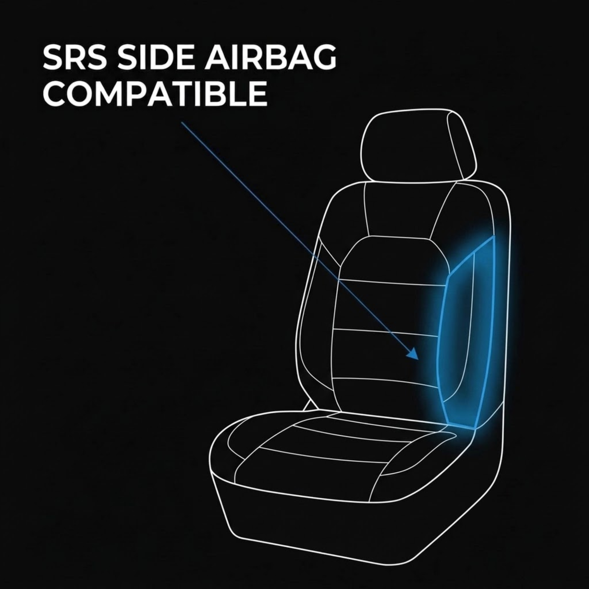 A black graphic with white text reading 'SRS SIDE AIRBAG COMPATIBLE' and a white outlined car seat with a blue glow highlighting the side airbag area.