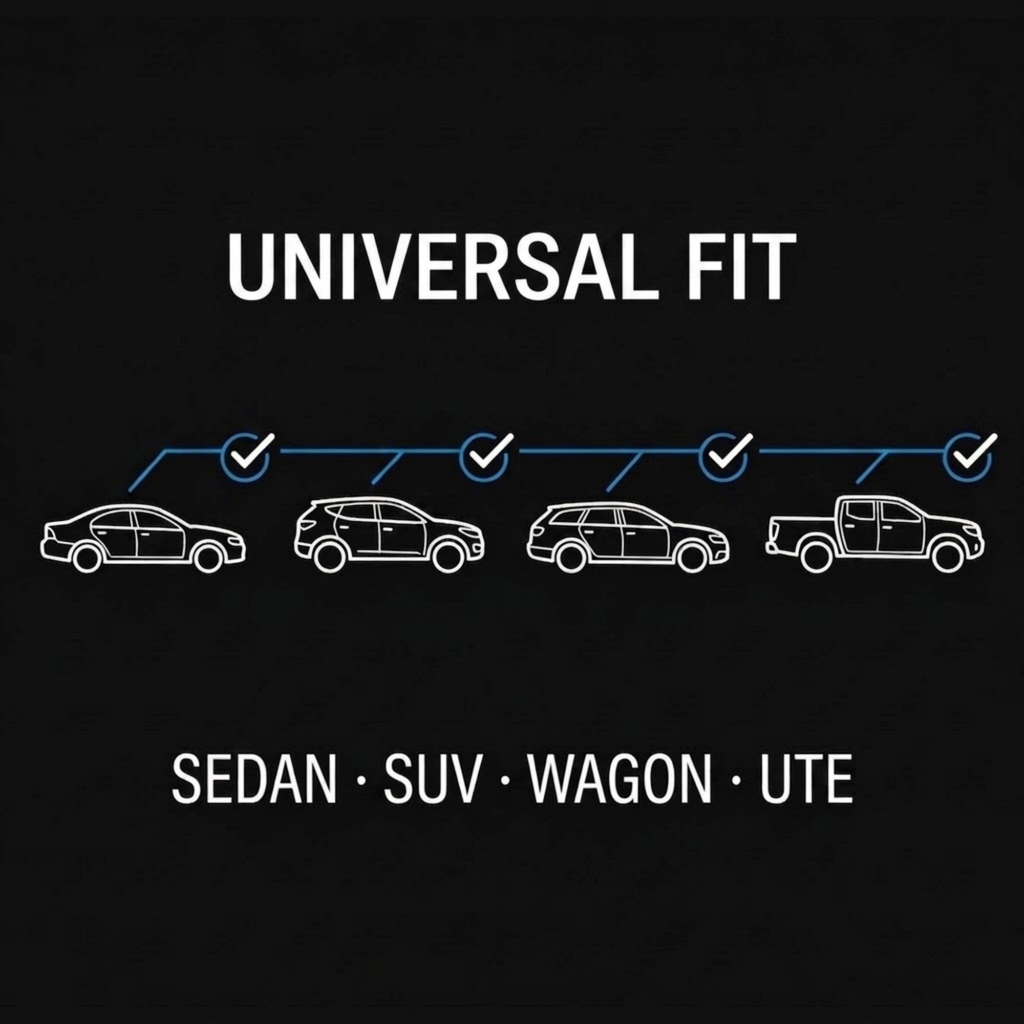 A black graphic with white text reading 'UNIVERSAL FIT' and 'SEDAN • SUV • WAGON • UTE,' plus simple line drawings of four vehicle types connected by blue check marks.