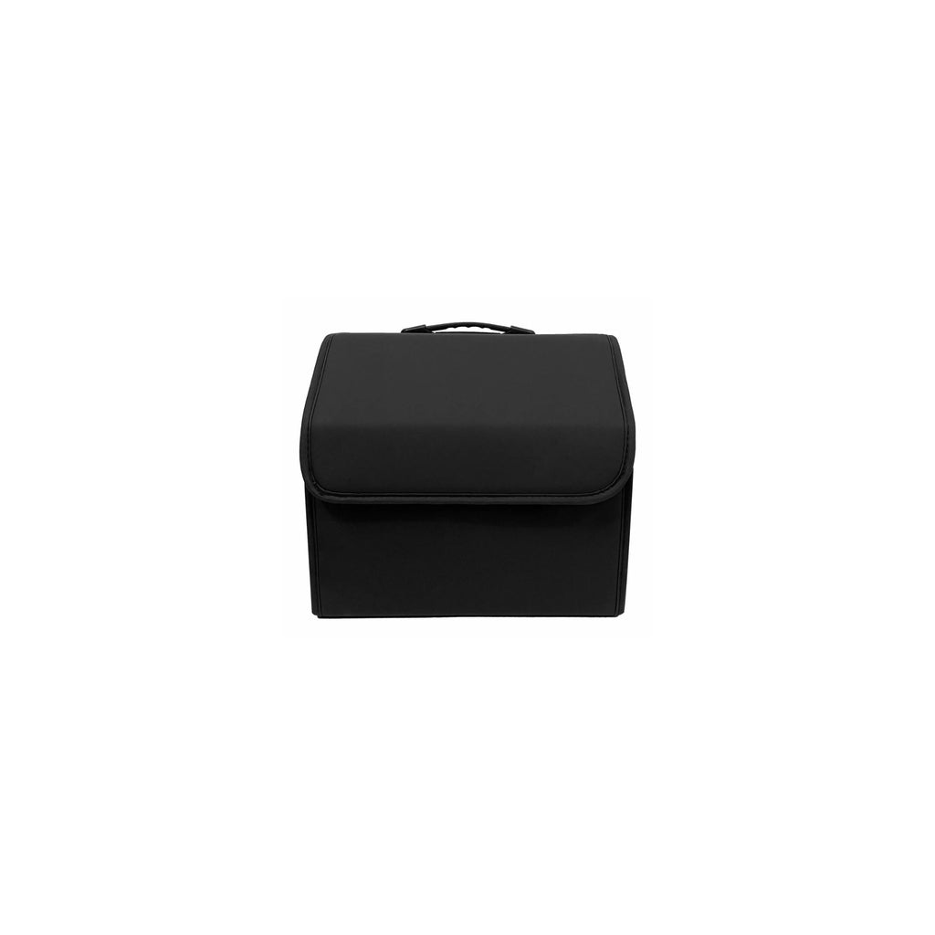 Small size premium black collapsible PU leather car boot organiser on a pure white background.