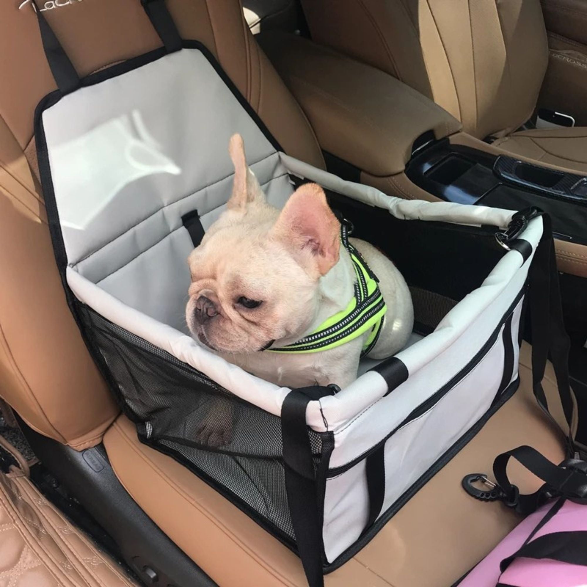 French Bulldog sitting inside a grey small dog car seat carrier attached to a vehicle passenger seat.