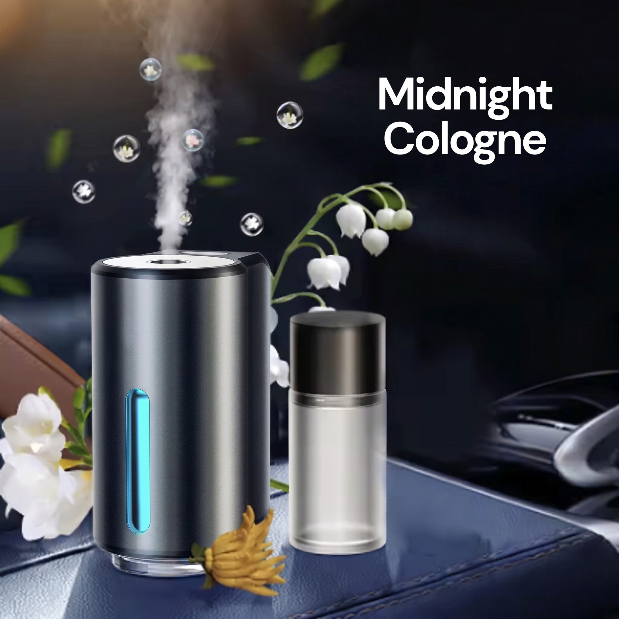 Midnight Cologne variant of the smart car air freshener featuring the diffuser and one essential oil bottle on a car dashboard.