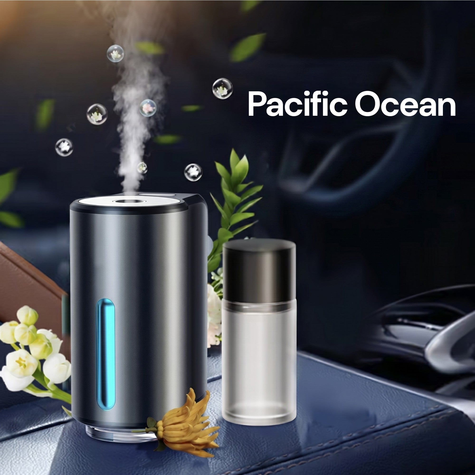 Pacific Ocean variant of the smart car air freshener featuring the diffuser and one essential oil bottle on a car dashboard.