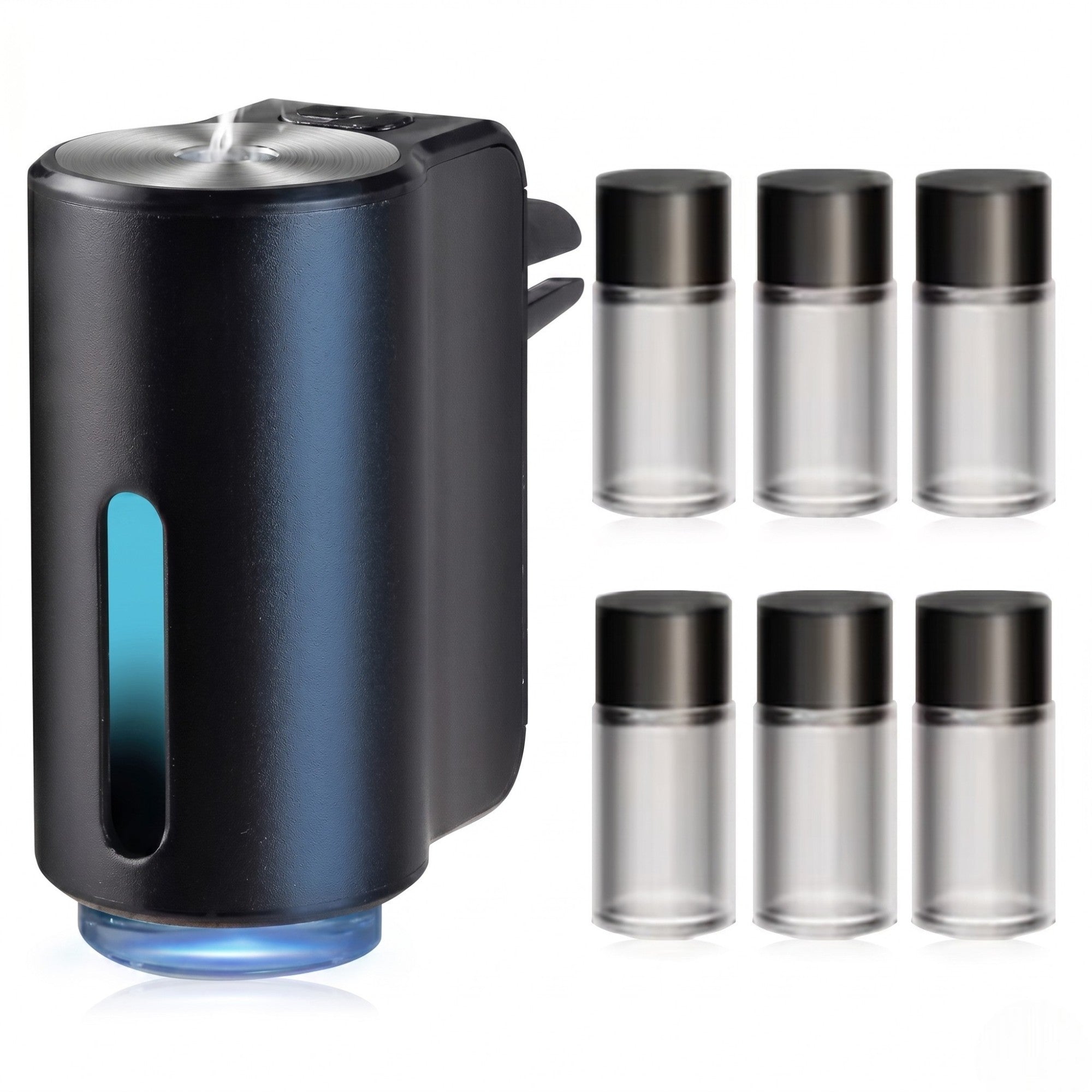 Ultimate bundle smart car air freshener and ultrasonic diffuser with six essential oil bottles on a clean white background.