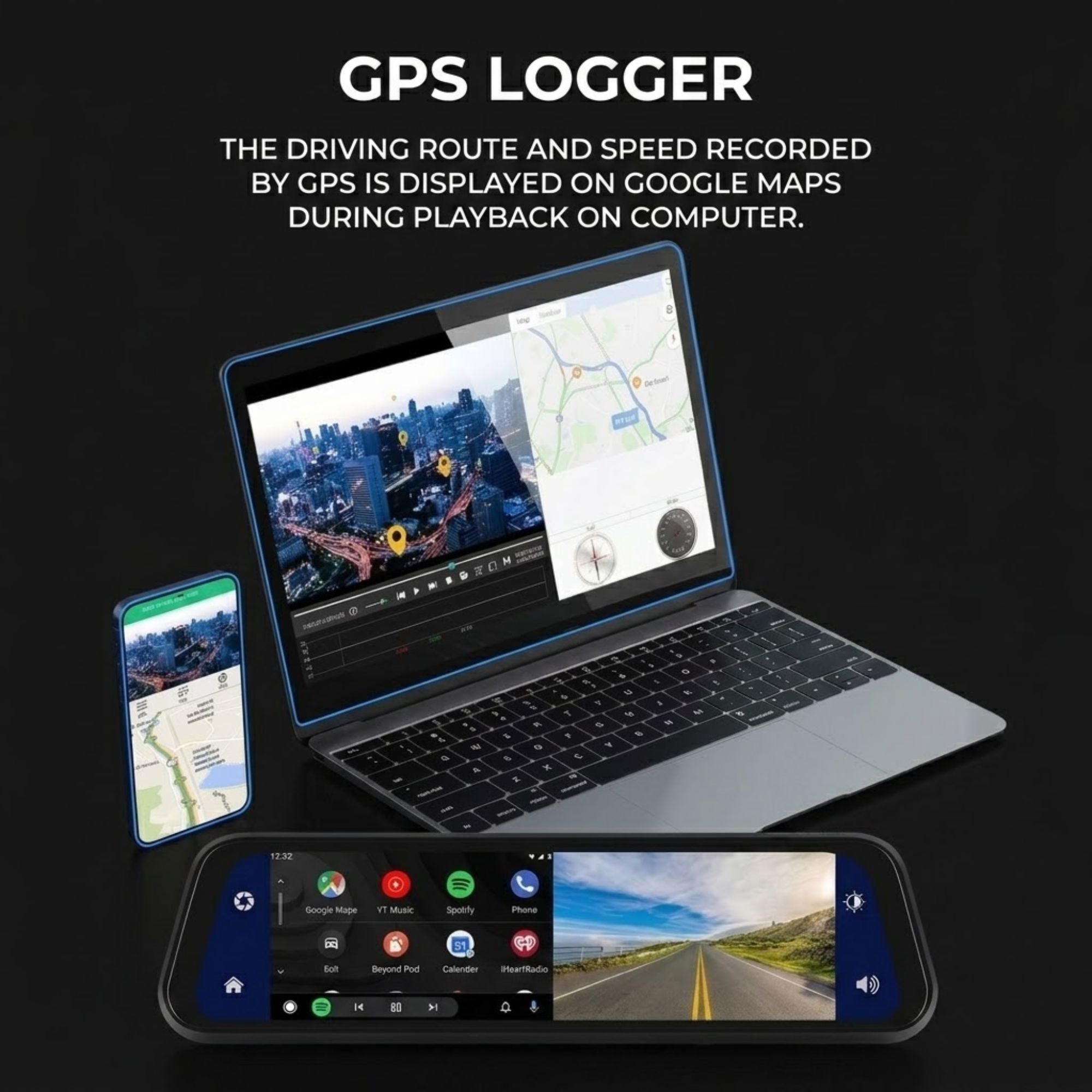 A GPS logger device shown with a laptop and smartphone on a black background, with text explaining that driving route and speed data recorded by GPS are displayed on Google Maps during playback on the computer.