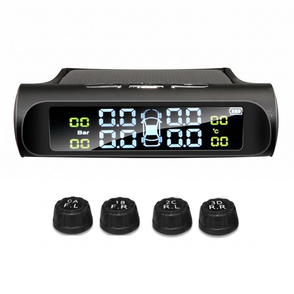 Solar-powered wireless tyre pressure monitoring system display unit alongside four DIY external tyre sensors, isolated on a white background.