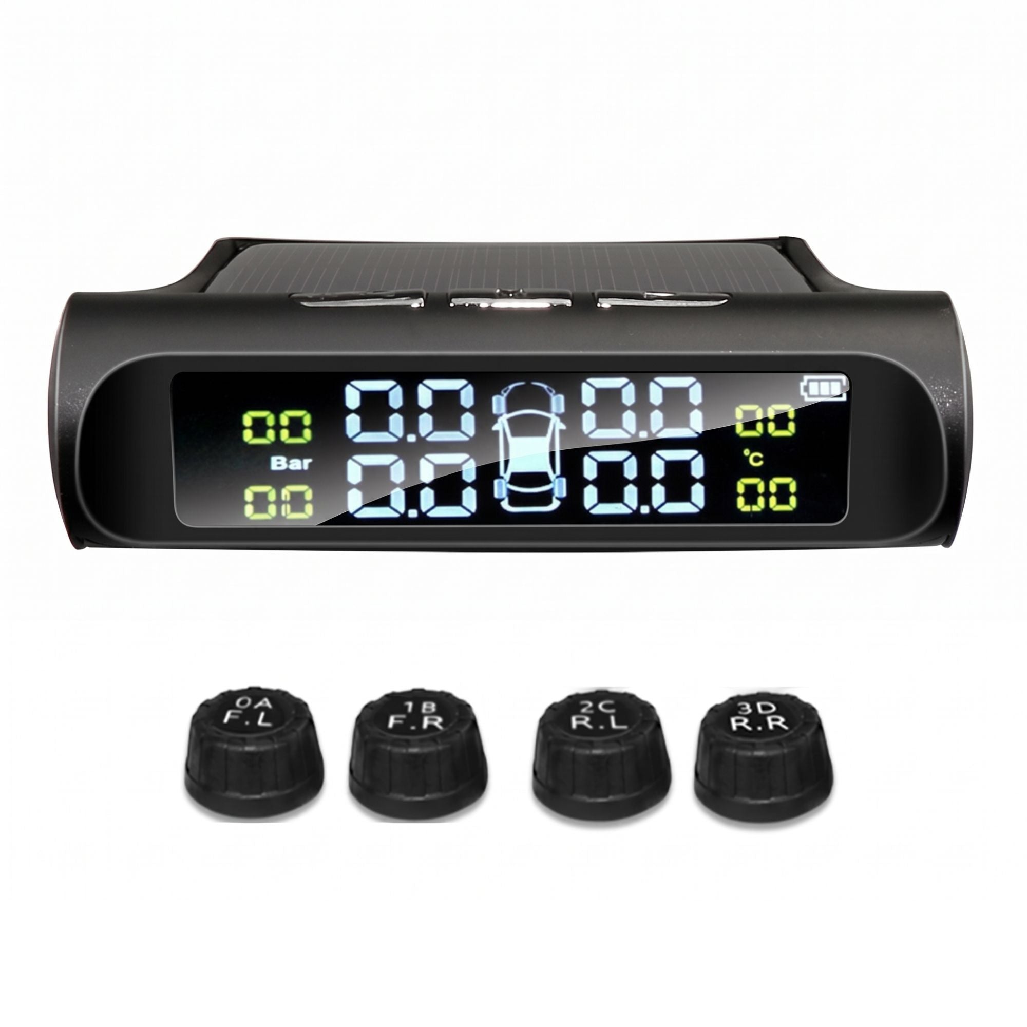 Solar-powered wireless tyre pressure monitoring system display unit alongside four DIY external tyre sensors, isolated on a white background.
