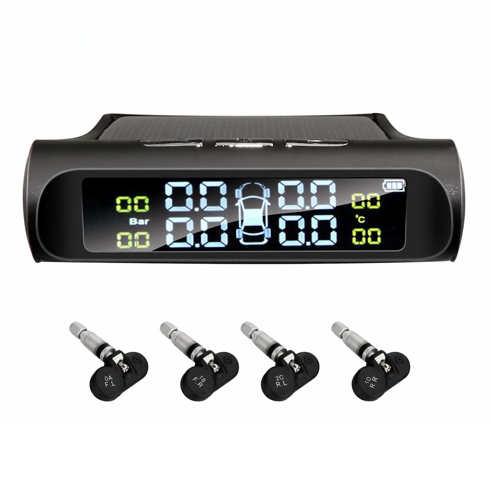 Solar-powered wireless tyre pressure monitoring system display unit alongside four professional internal tyre sensors, isolated on a white background.