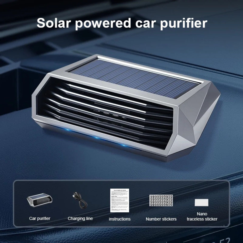 Solar powered car air purifier product set including unit, charging cable, instructions, and number stickers
