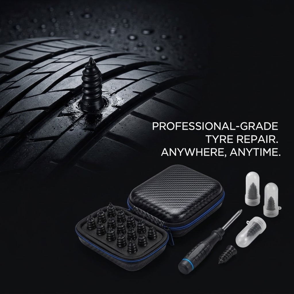 Tyre repair kit with a carbon-fiber carrying case, screwdriver, clear protective covers, and a repair tool shown beside a close-up of a wet car tire tread. Text reads: 'PROFESSIONAL-GRADE TYRE REPAIR.
