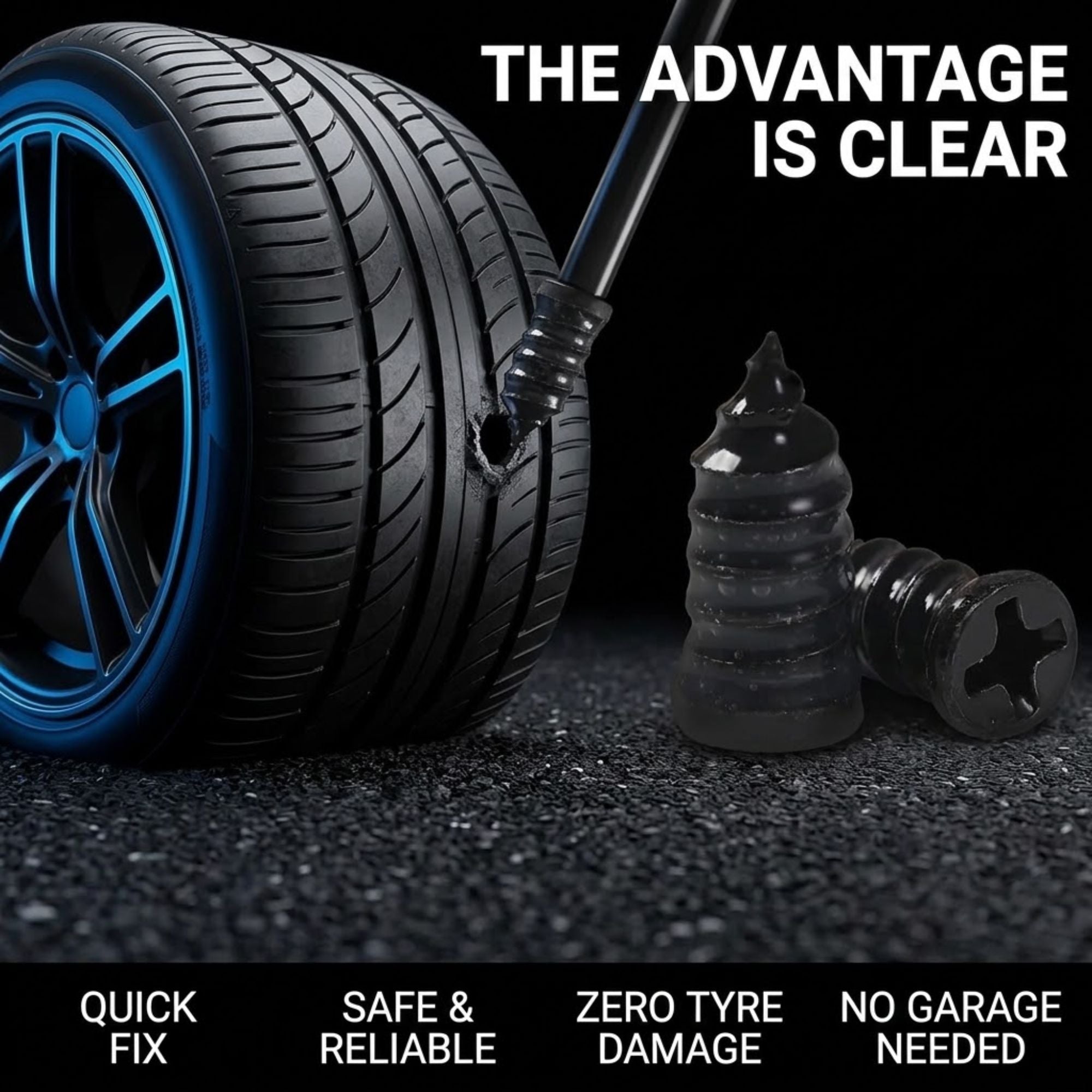 A black rubber tyre repair plug tool and matching plug shown beside a black tyre with a puncture, on a dark textured surface with the text 'THE ADVANTAGE IS CLEAR' and feature callouts at the bottom.