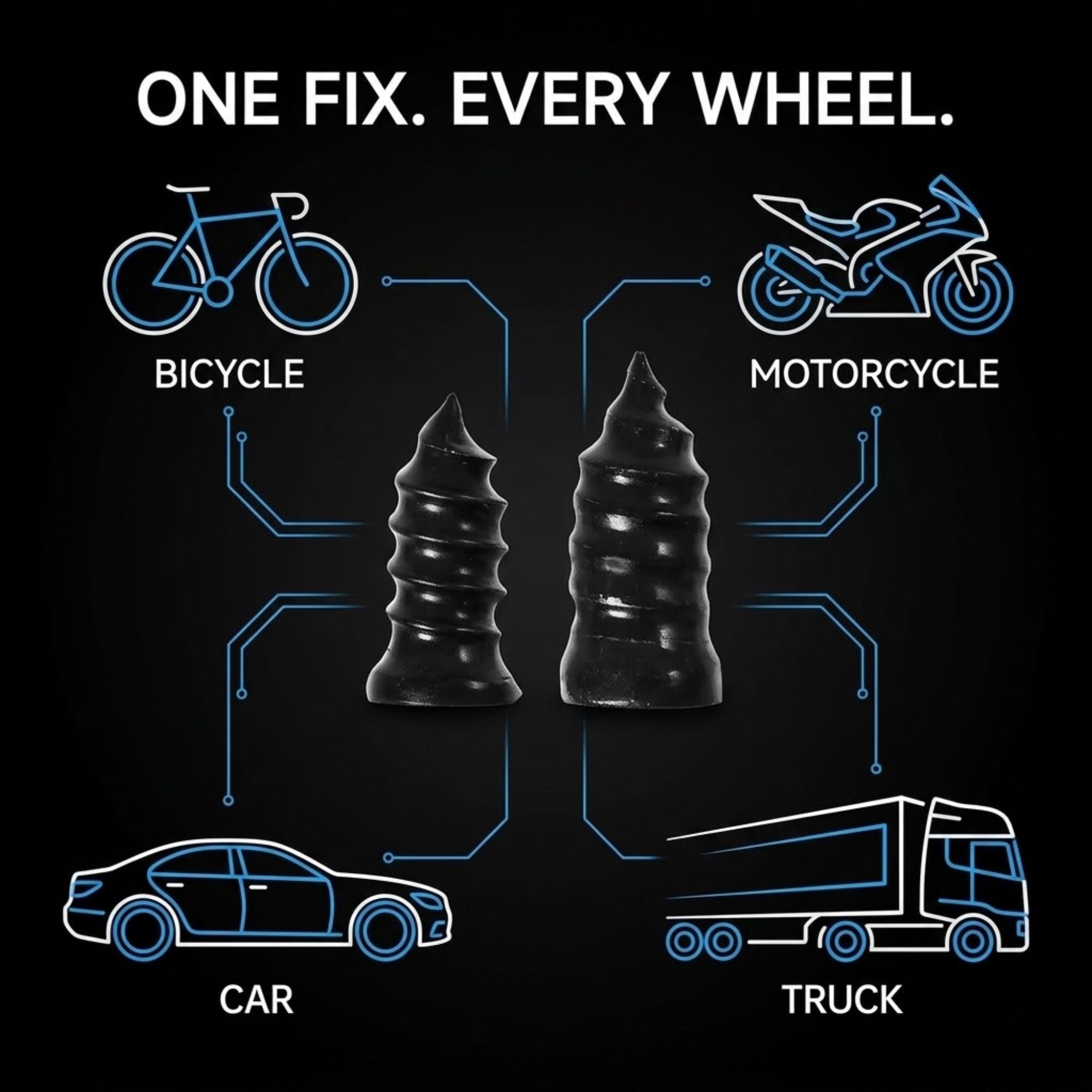 Two black threaded wheel center caps shown on a black background with white and blue line drawings of a bicycle, motorcycle, car, and truck, under the text 'ONE FIX. EVERY WHEEL.