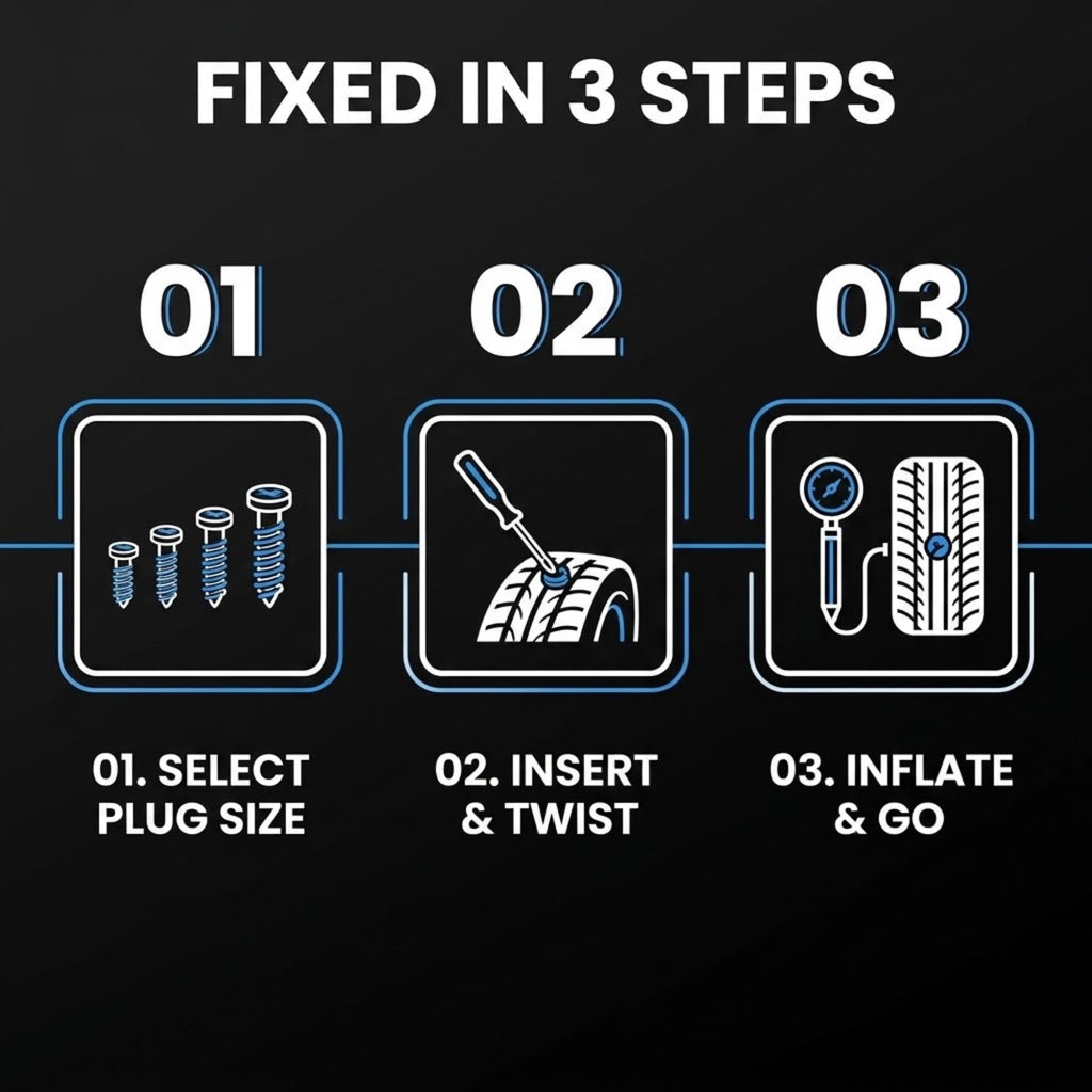 Instruction graphic on a black background with the headline 'FIXED IN 3 STEPS' and three numbered panels showing how to change a tire: 01 select plug size, 02 insert & twist, 03 inflate & go.