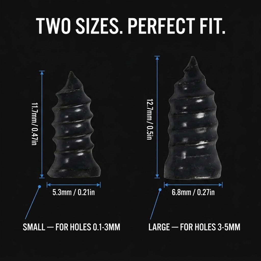 Two black conical screwdriver bits shown on a black background with white text reading 'TWO SIZES. PERFECT FIT.