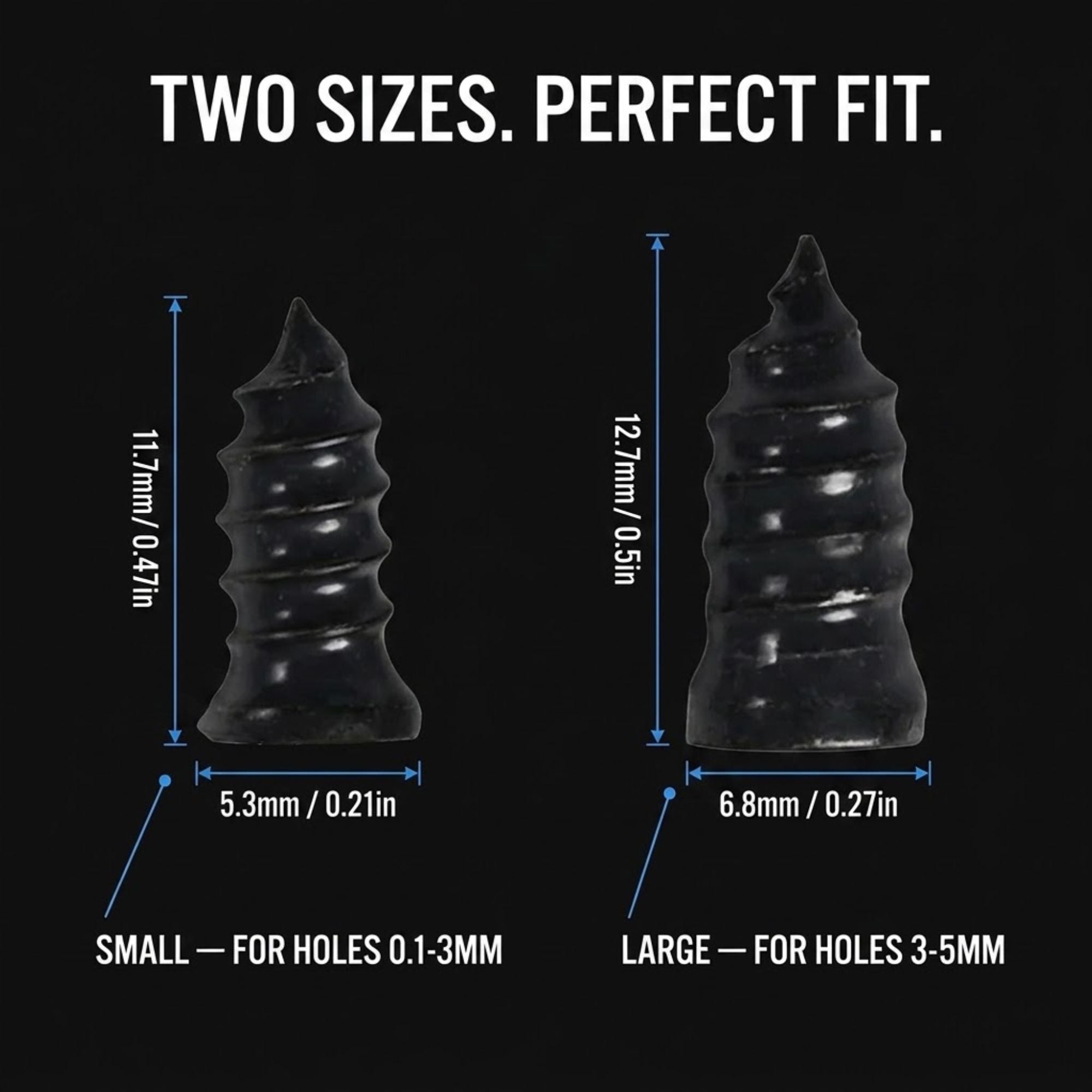 Two black conical screwdriver bits shown on a black background with white text reading 'TWO SIZES. PERFECT FIT.