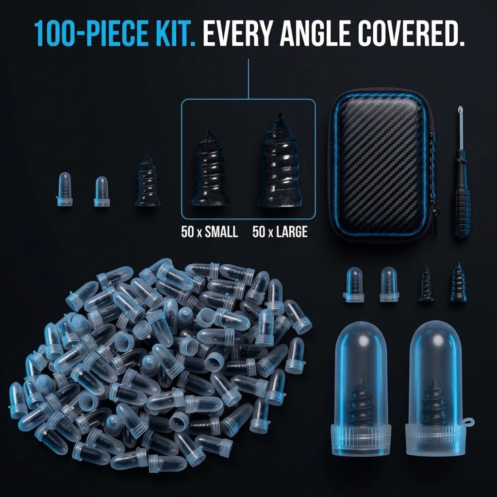 A 100-piece kit of clear and black silicone plug inserts and storage capsules arranged on a black background, with text reading '100-PIECE KIT. EVERY ANGLE COVERED.