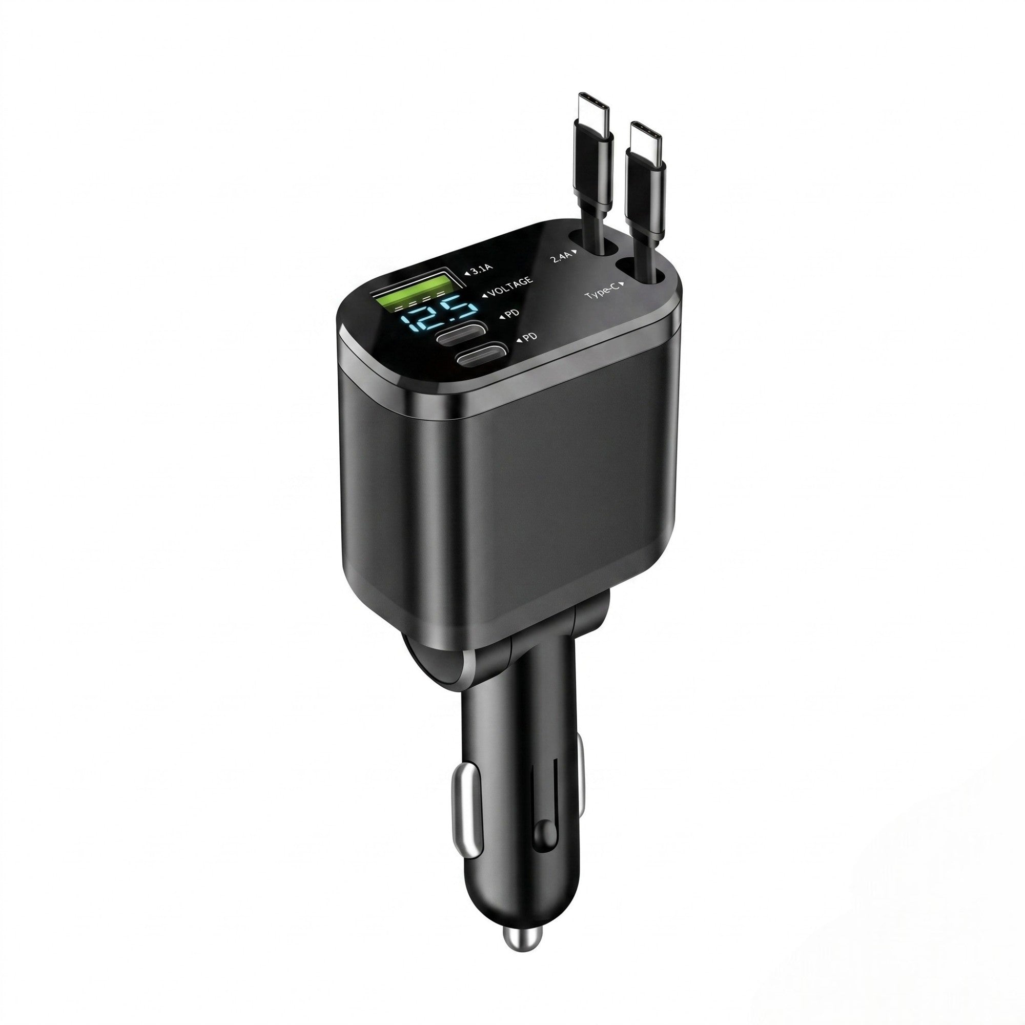 Standard multi-port retractable car charger featuring one Type-C and one iOS cable on a clean white background.