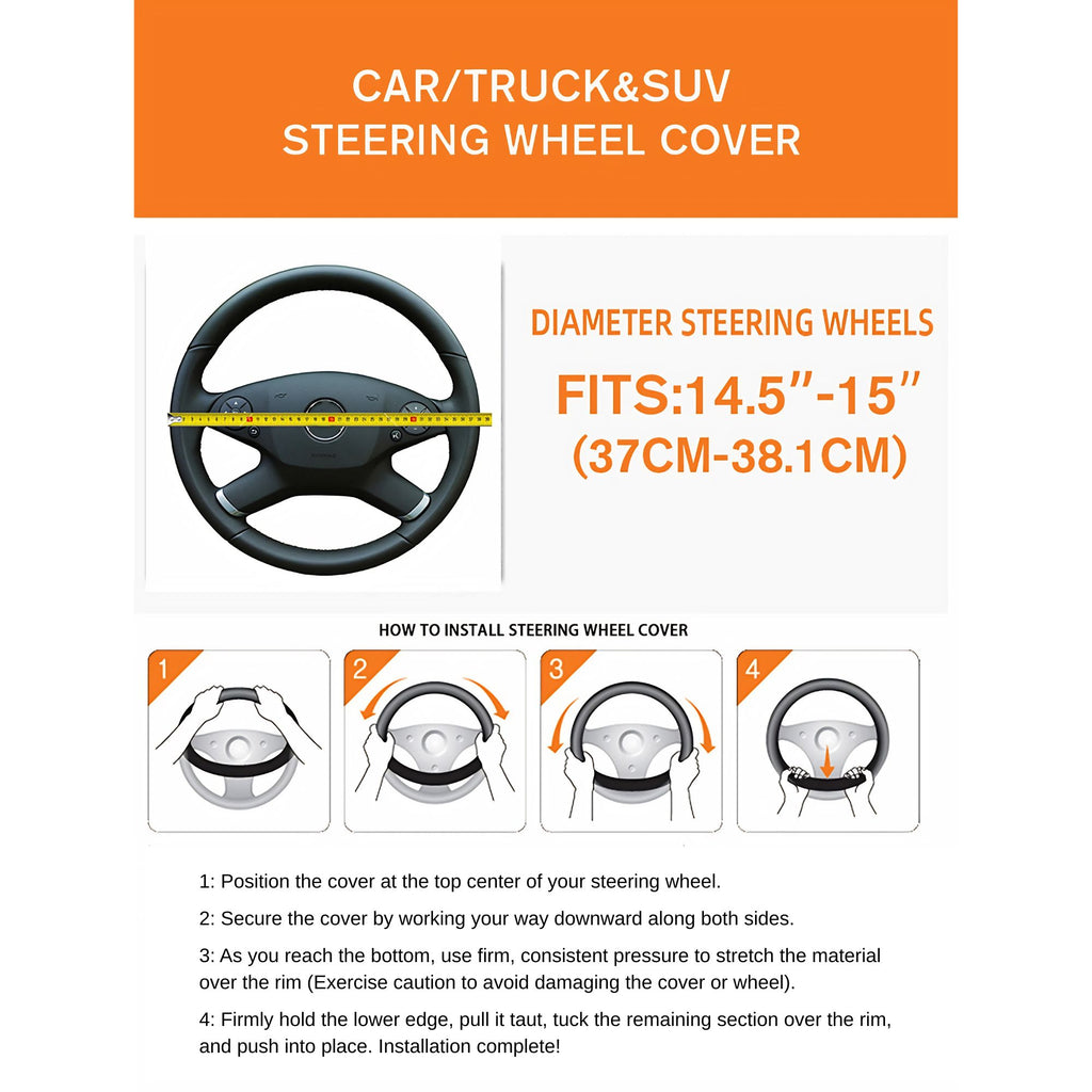 Sizing diagram for the steering wheel cover indicating compatibility for standard 37 centimetre to 38.1 centimetre diameters, displayed alongside a four-step visual installation guide.