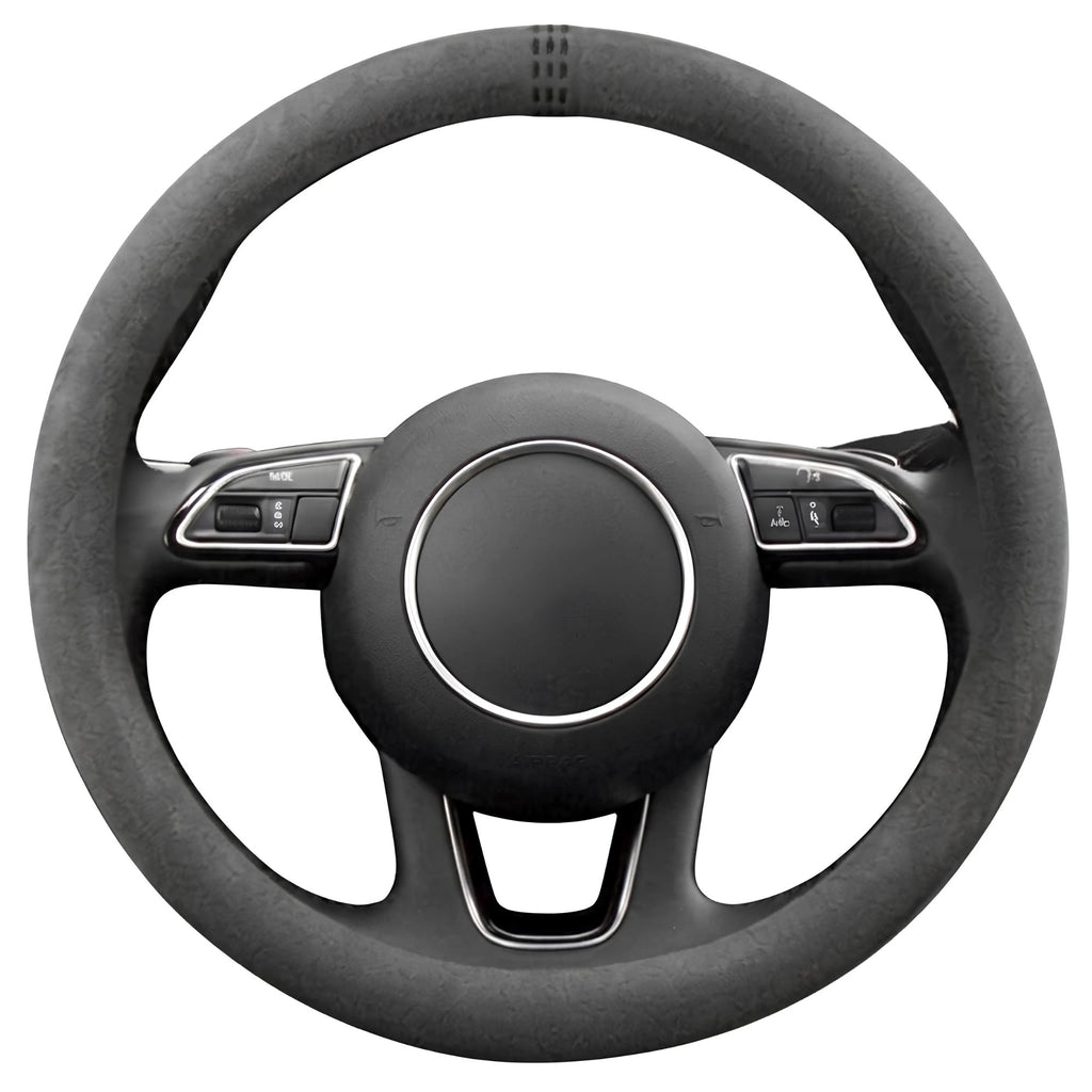 Round black Steering Wheel Cover and Non-Slip Suede Grip Cover on a white background, showing the textured suede finish and stitched seam.