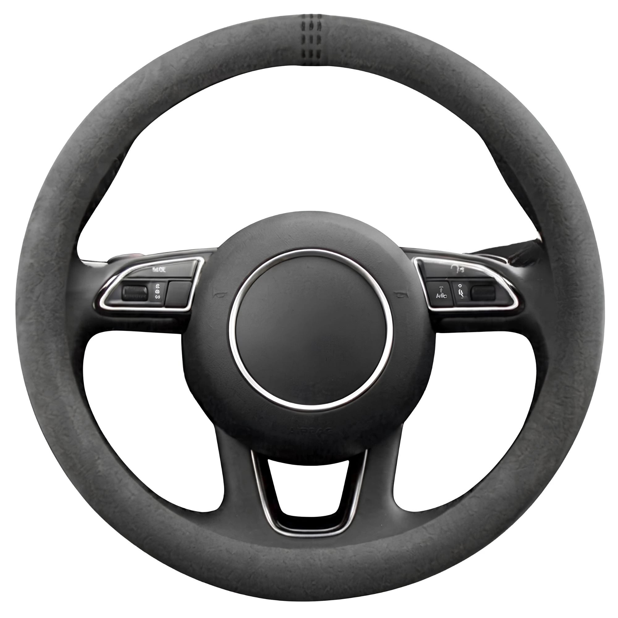 Round black Steering Wheel Cover and Non-Slip Suede Grip Cover on a white background, showing the textured suede finish and stitched seam.