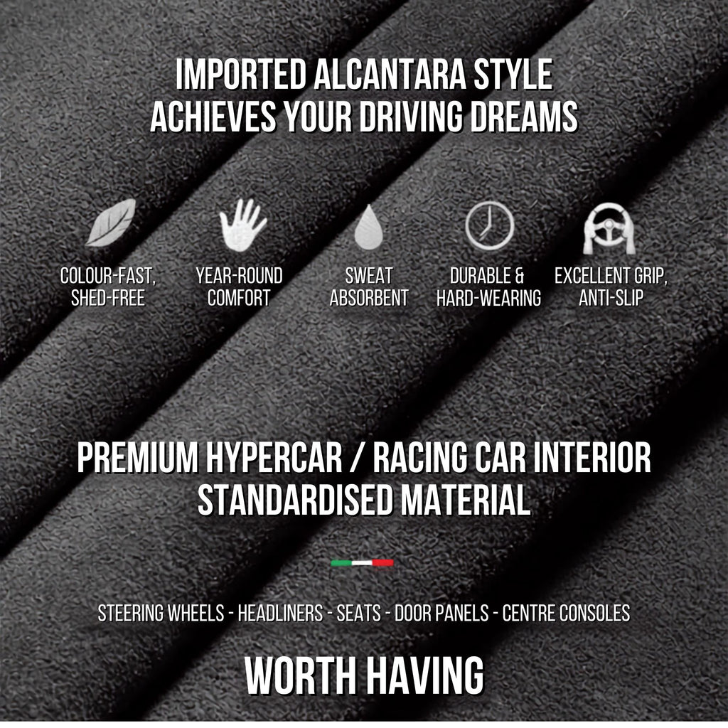 Infographic of the Steering Wheel Cover and Non-Slip Suede Grip Cover listing suede fabric features including breathability, sweat absorption and non-slip grip.