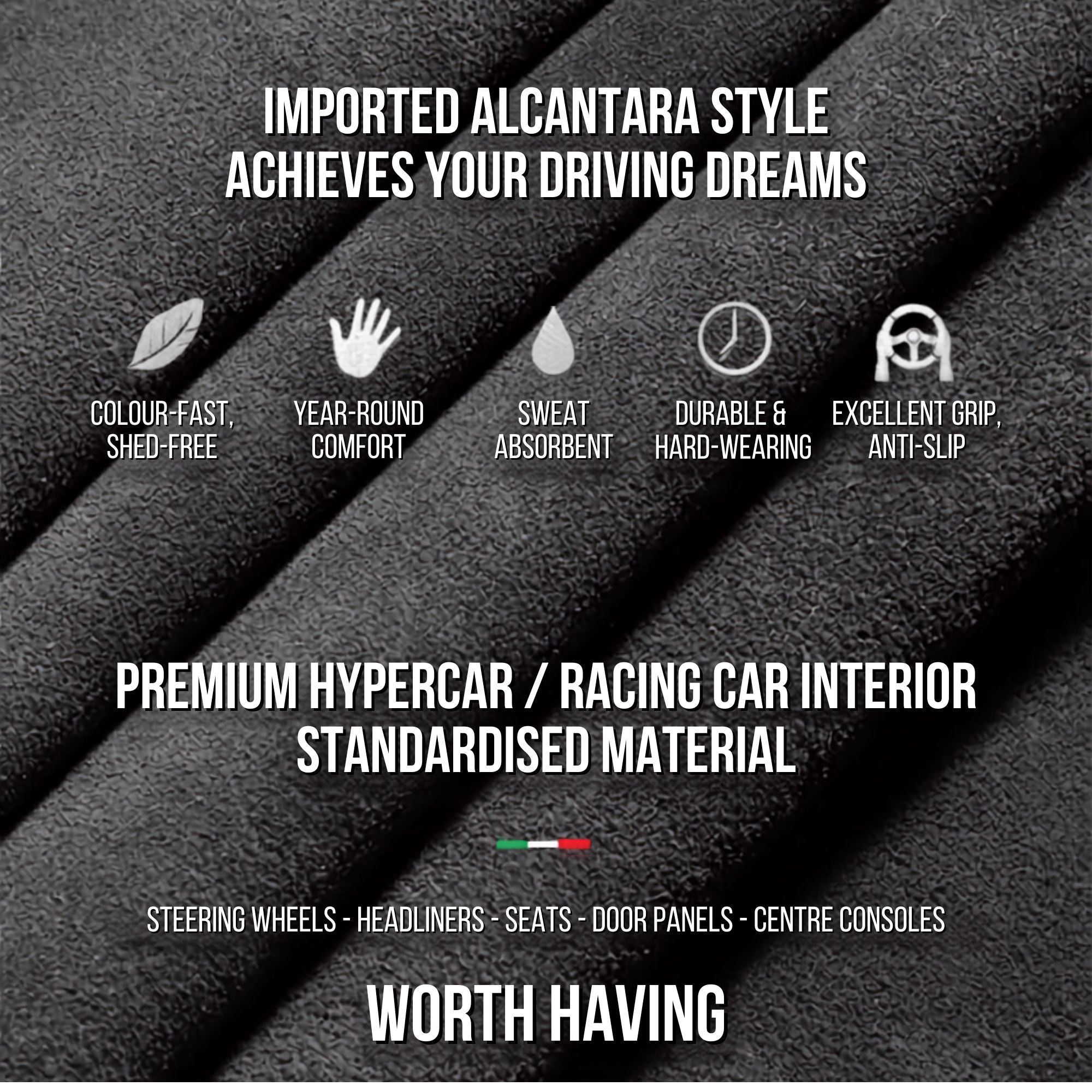 Infographic of the Steering Wheel Cover and Non-Slip Suede Grip Cover listing suede fabric features including breathability, sweat absorption and non-slip grip.
