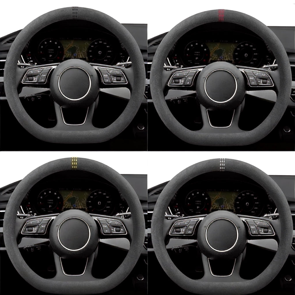 Four flat-bottom Steering Wheel Cover and Non-Slip Suede Grip Cover options fitted to a car steering wheel, shown in black, red, yellow and white stitching.