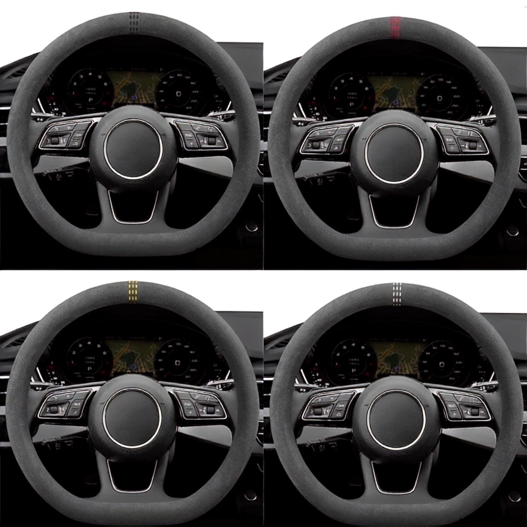 Four flat-bottom Steering Wheel Cover and Non-Slip Suede Grip Cover options fitted to a car steering wheel, shown in black, red, yellow and white stitching.