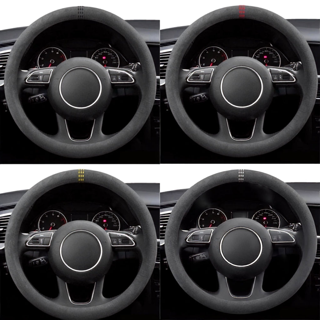 Four round-style Steering Wheel Cover and Non-Slip Suede Grip Cover options fitted to a car steering wheel, shown in black, red, yellow and white stitching.