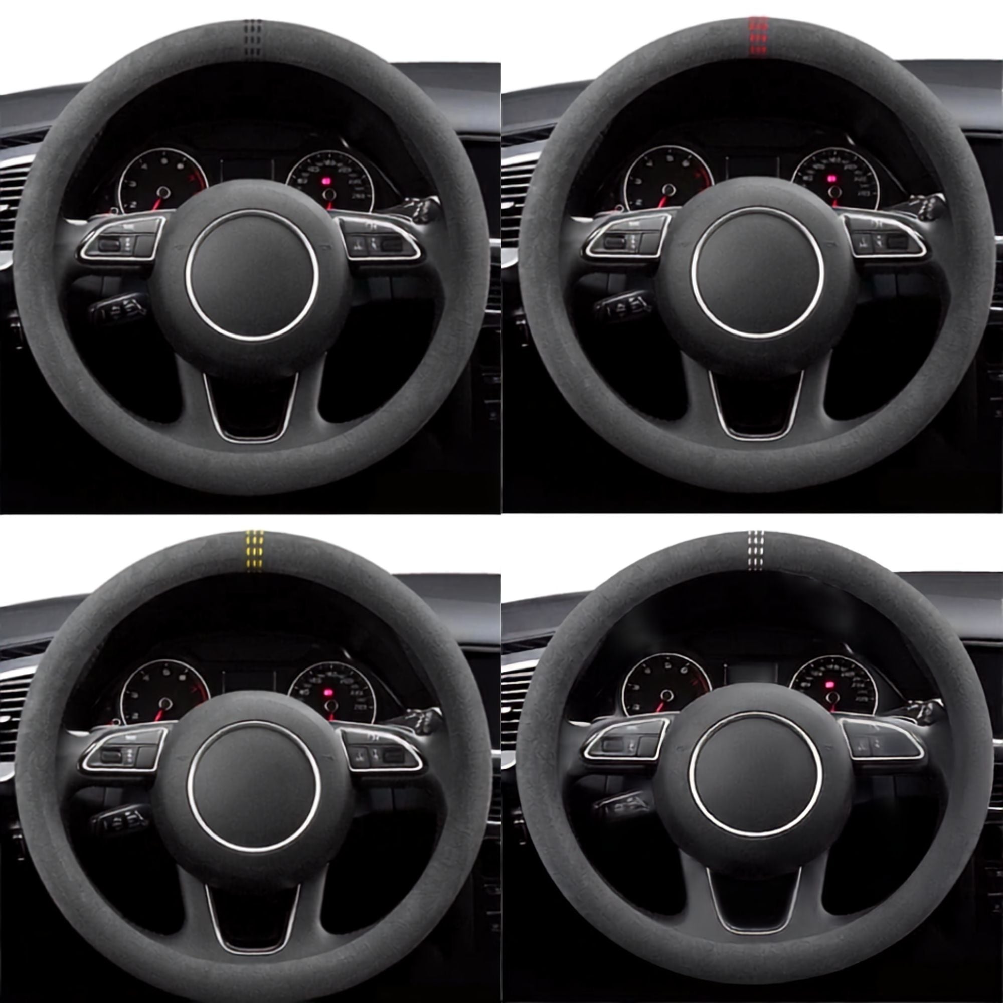 Four round-style Steering Wheel Cover and Non-Slip Suede Grip Cover options fitted to a car steering wheel, shown in black, red, yellow and white stitching.