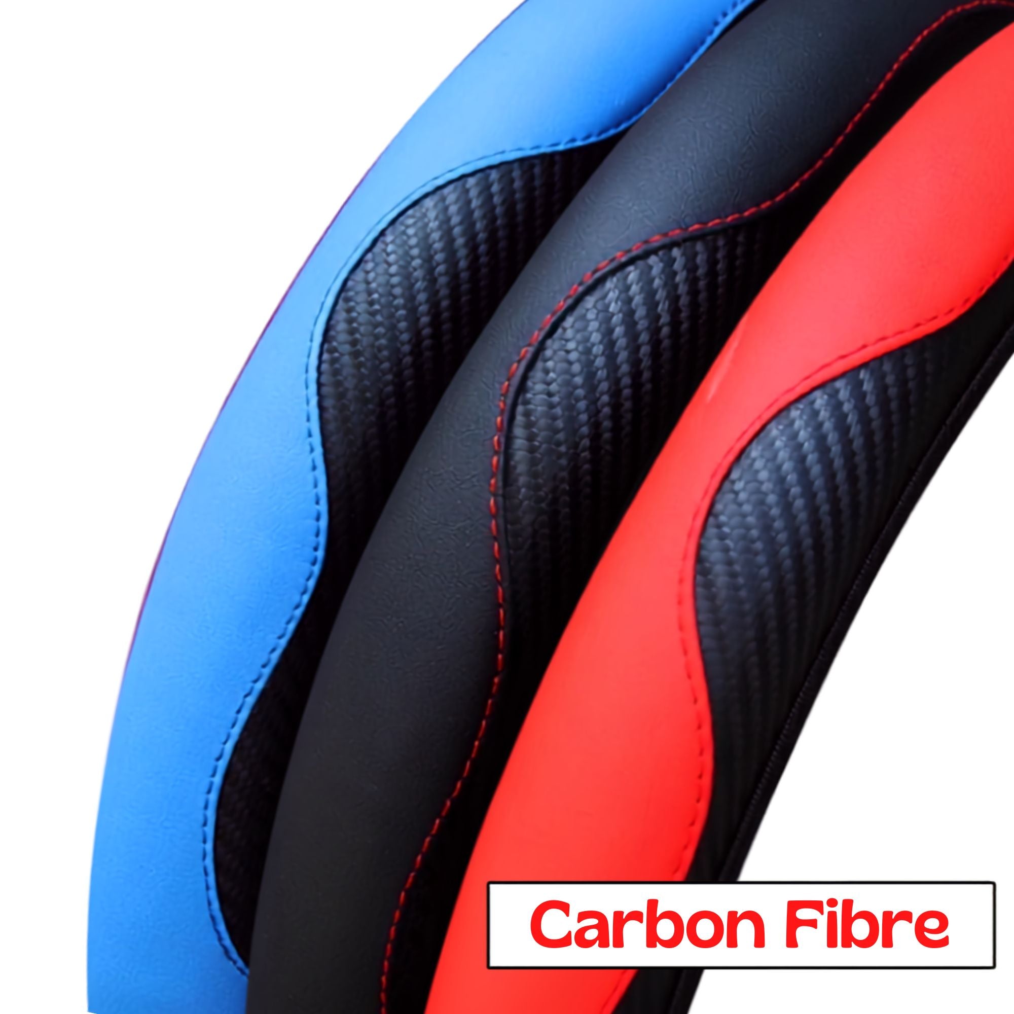 Close-up of blue, black and red PU leather steering wheel cover carbon fibre texture options side by side