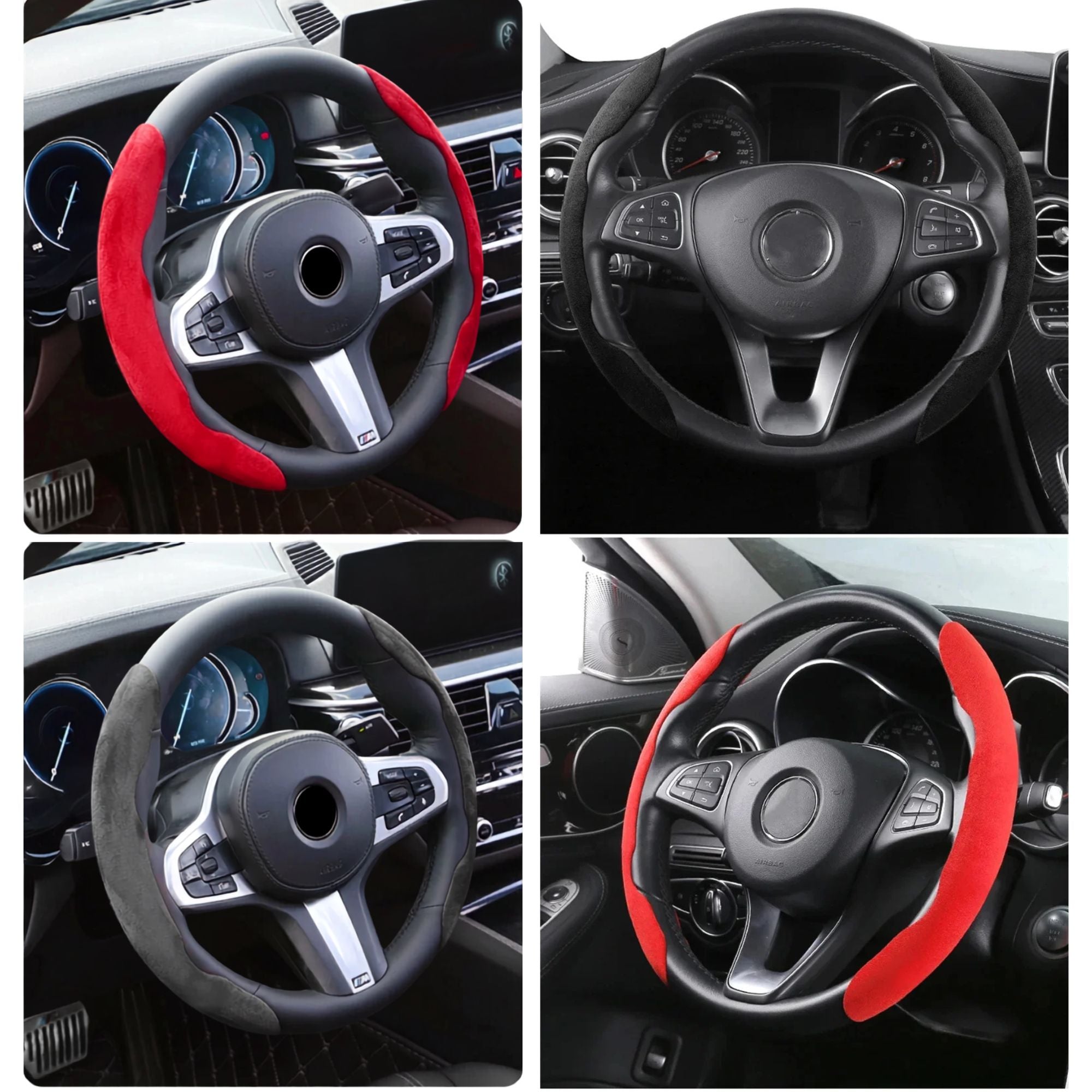 Suede Car Steering Wheel Cover shown fitted in red and grey on different car steering wheels