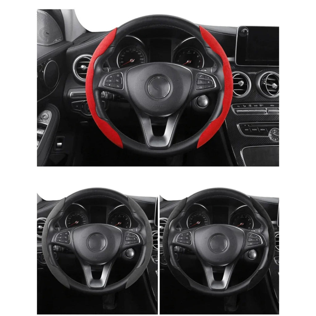 Red Suede Car Steering Wheel Cover fitted to a steering wheel, shown alongside the uncovered wheel for comparison