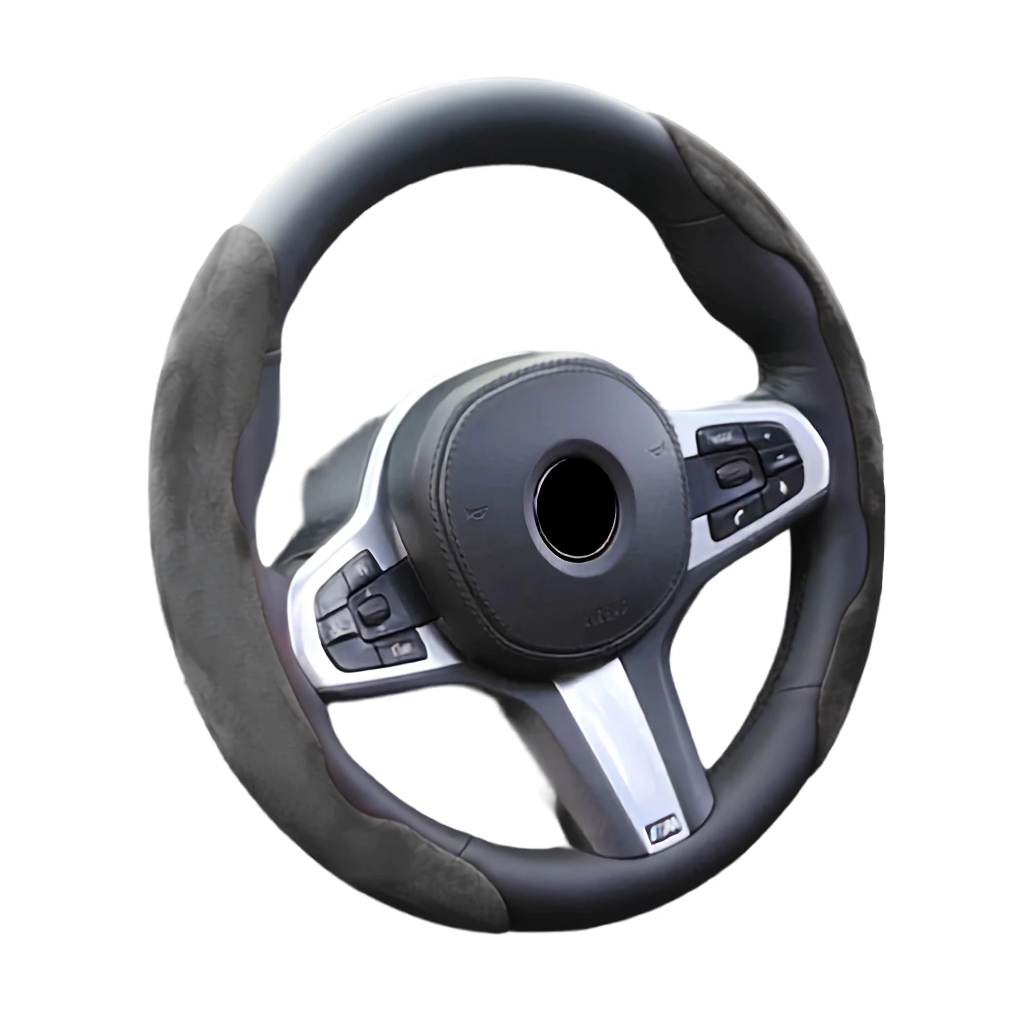 Suede Car Steering Wheel Cover in grey fitted to a steering wheel with multi-function buttons, on a white background