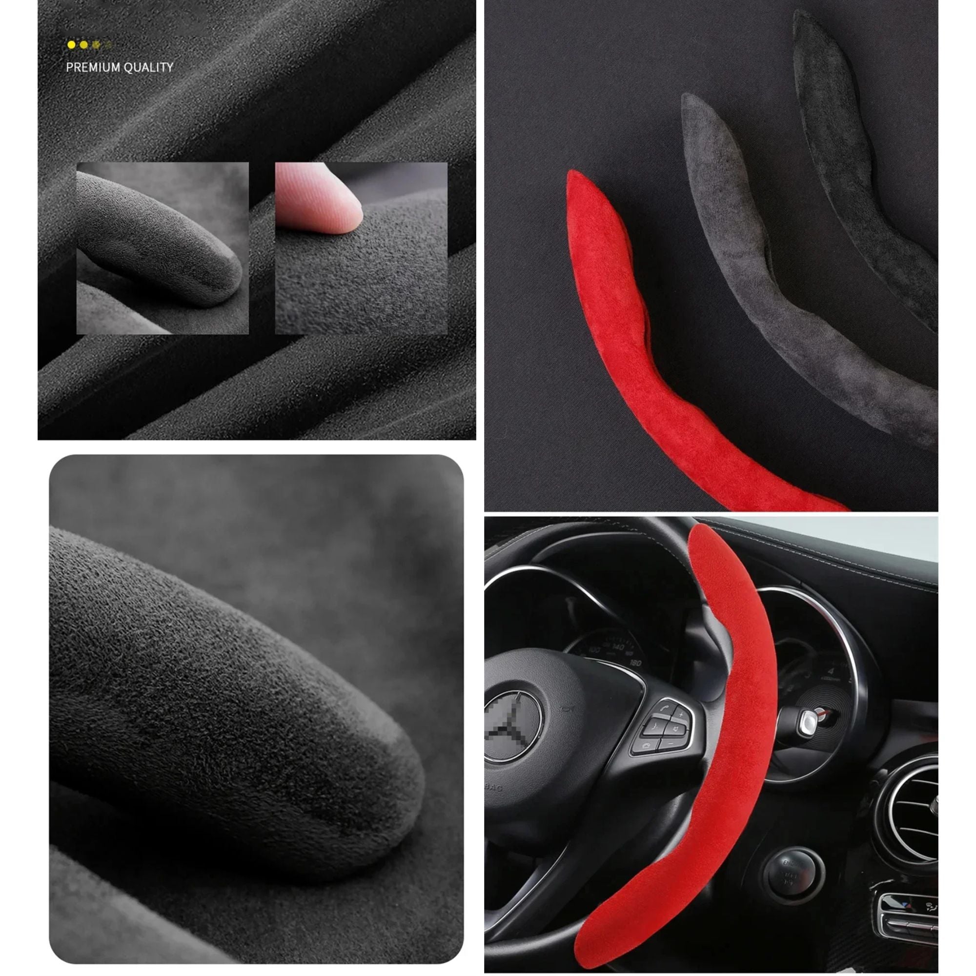 Close-up quality details of the Suede Car Steering Wheel Cover's soft suede texture and non-slip grip protector
