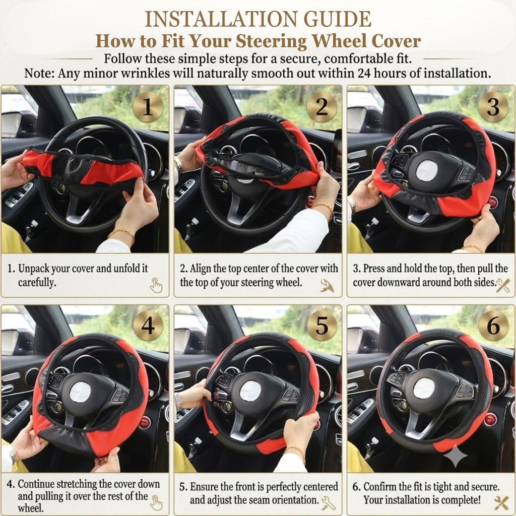 Six-step installation guide showing how to fit a red and black PU leather steering wheel cover onto a car steering wheel