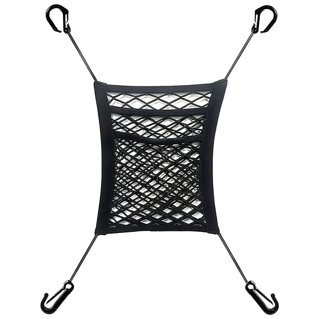 A black stretchable mesh divider and between-seat pet barrier featuring four mounting hooks on a white background.