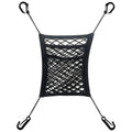 A black stretchable mesh divider and between-seat pet barrier featuring four mounting hooks on a white background.