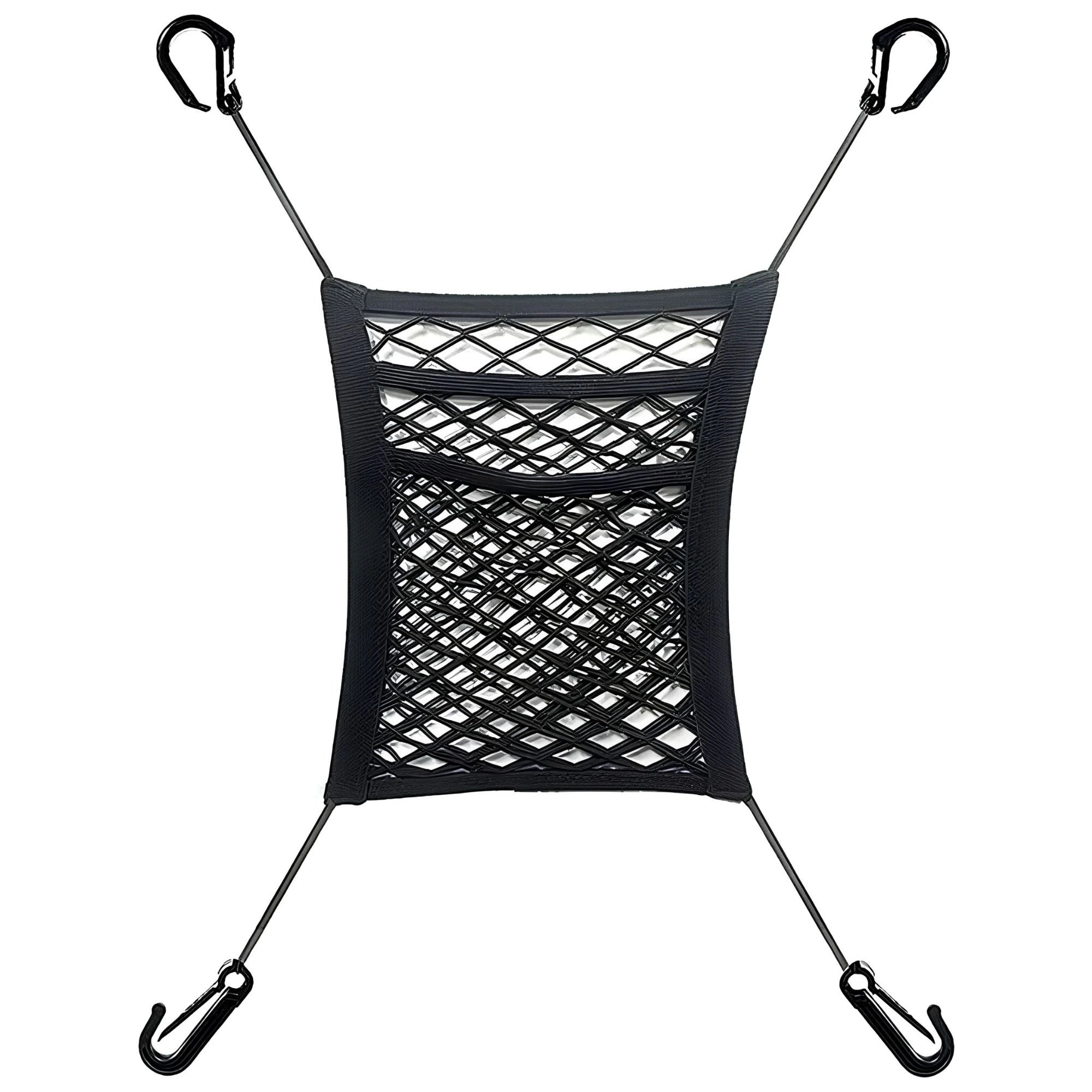 A black stretchable mesh divider and between-seat pet barrier featuring four mounting hooks on a white background.